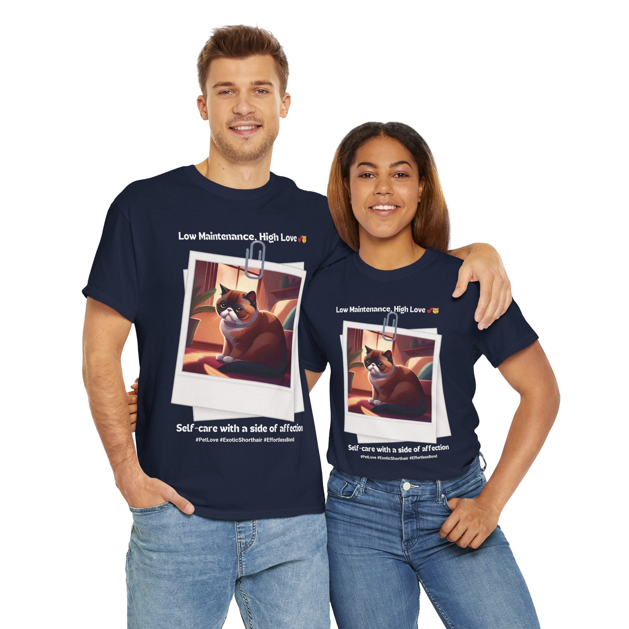 Unisex “Low Maintenance, High Love” Exotic Shorthair T‑Shirt – Easy Loving Cat Gift