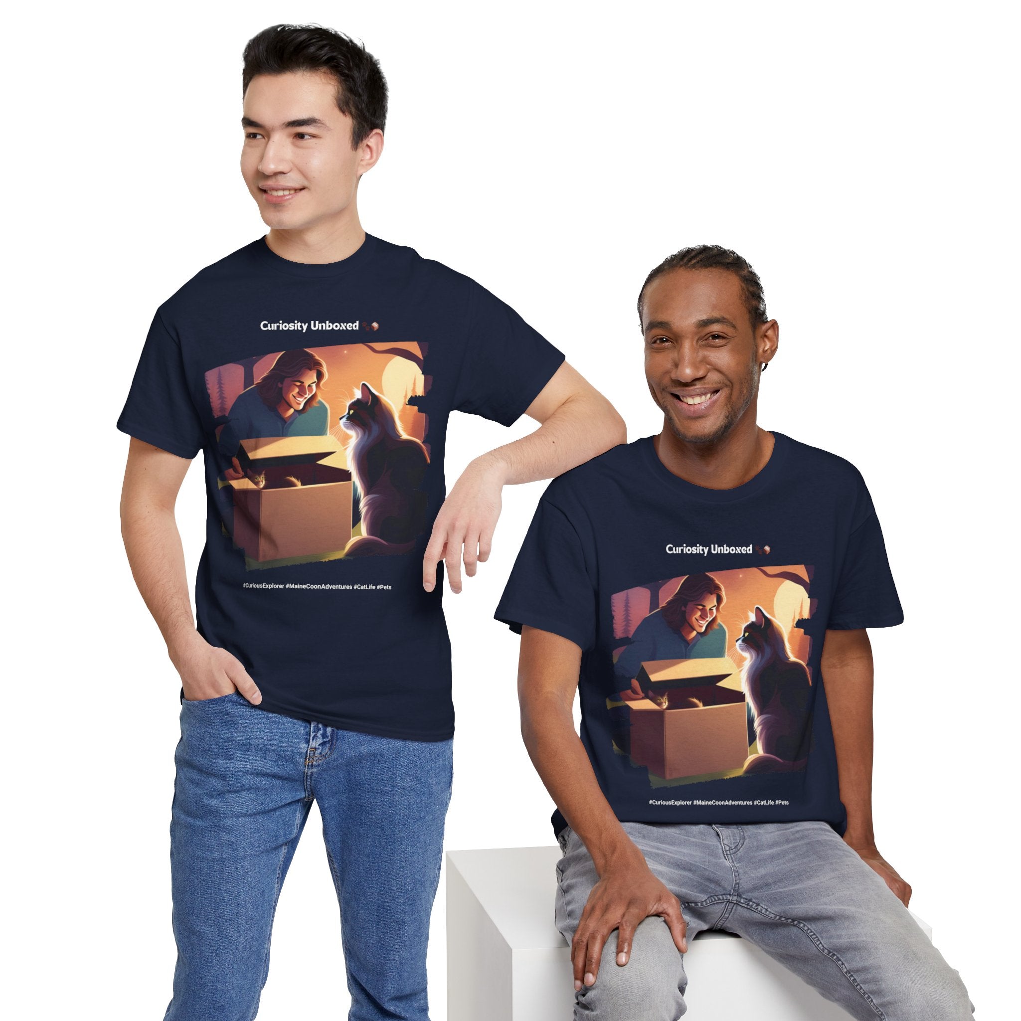 Men’s “Curiosity Unboxed” Maine Coon T‑Shirt – Adventurous Cat Dad Gift