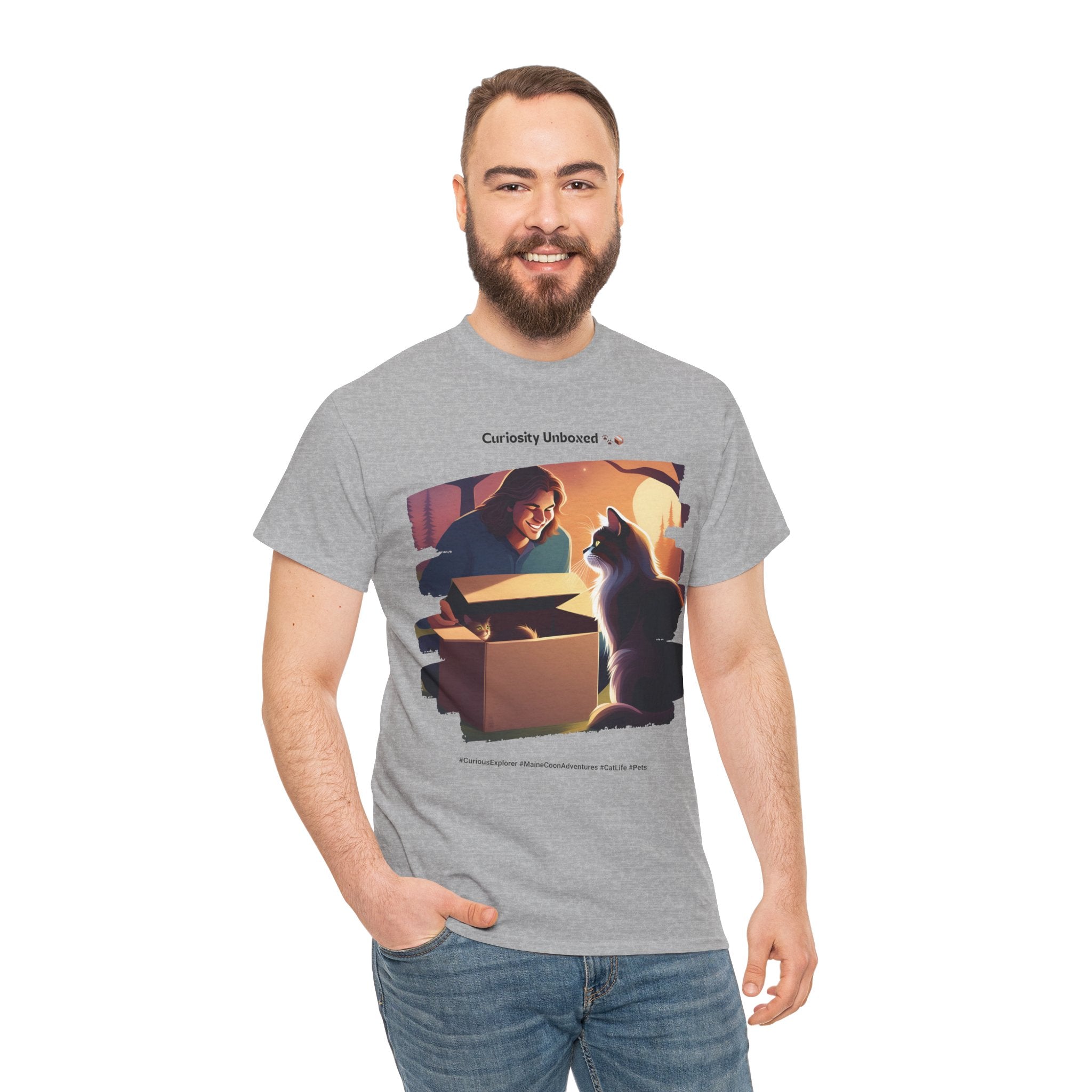 Men’s “Curiosity Unboxed” Maine Coon T‑Shirt – Adventurous Cat Dad Gift