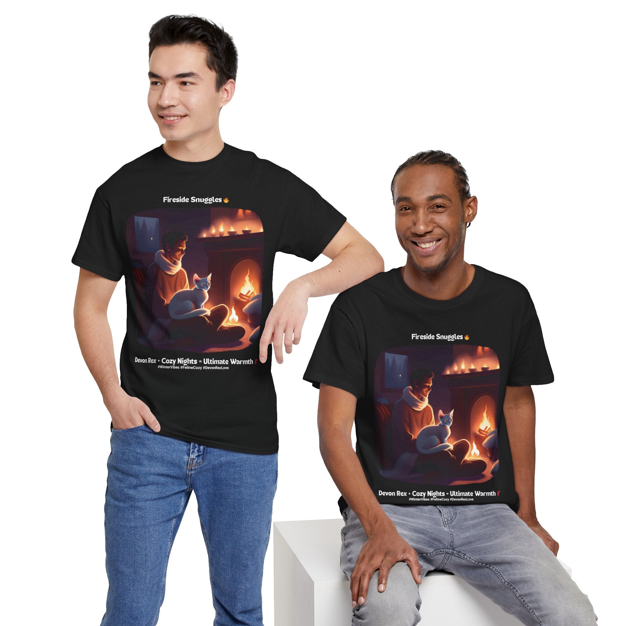 Men’s “Fireside Snuggles with Devon Rex” T‑Shirt – Cozy Cat Dad Gift