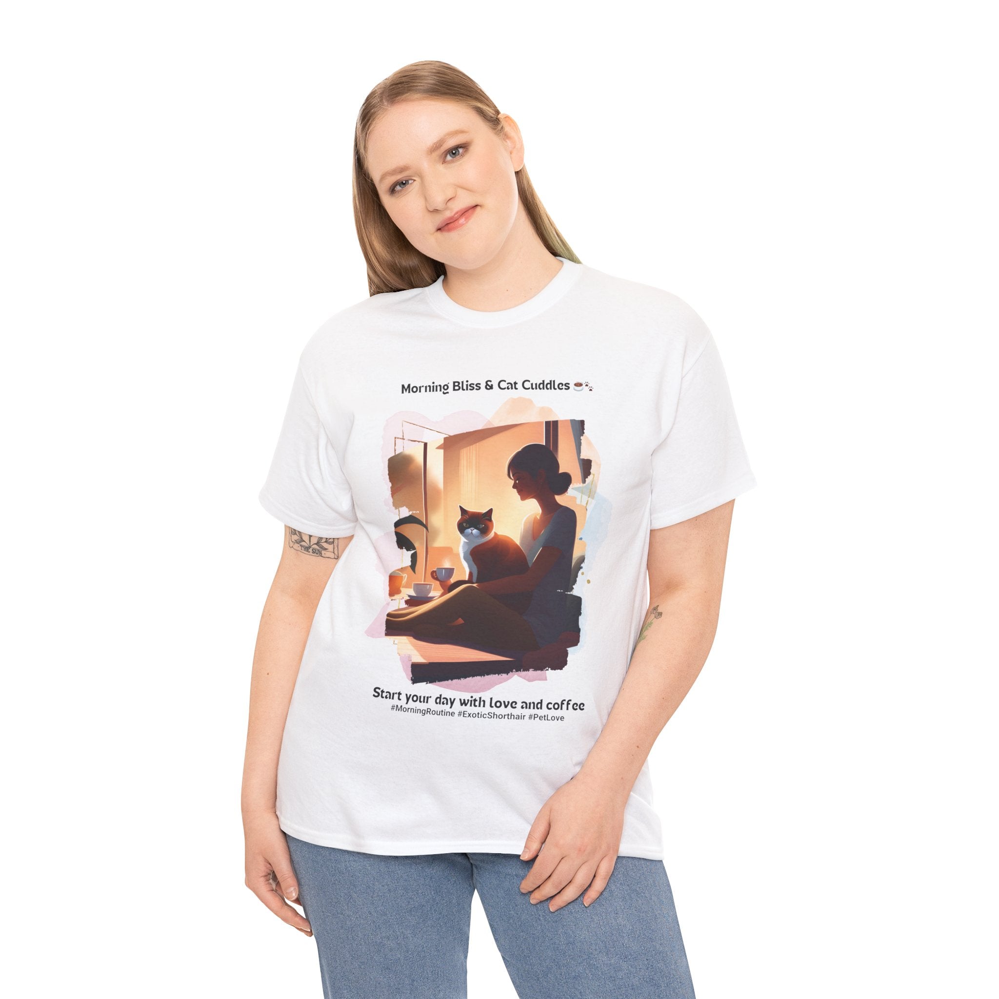 Women’s “Morning Bliss & Cat Cuddles” Exotic Shorthair T‑Shirt – Cuddle Cat Mom Gift