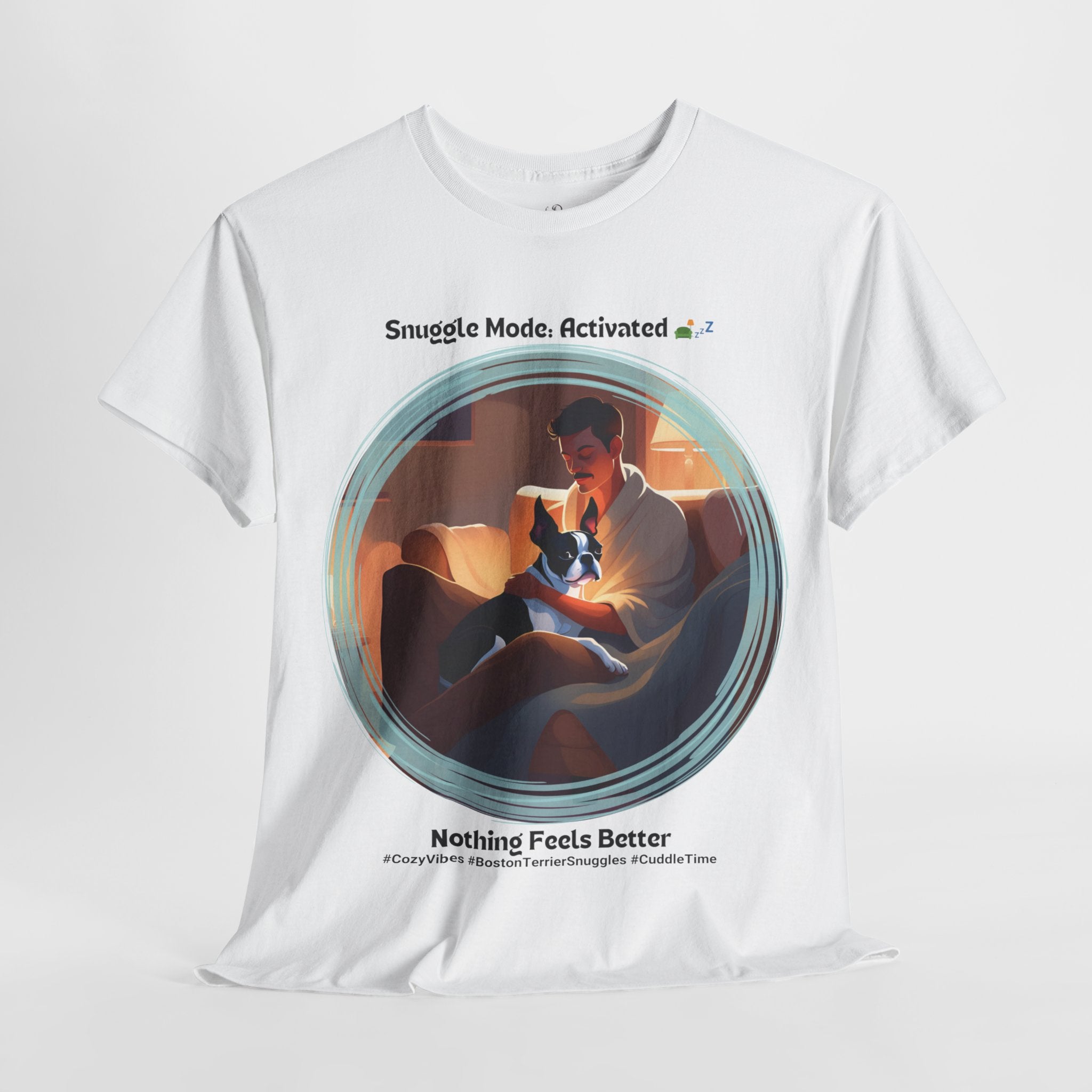 Men’s “Cozy Vibes: Boston Terrier Snuggles” T‑Shirt – Warm Pup Dad Gift
