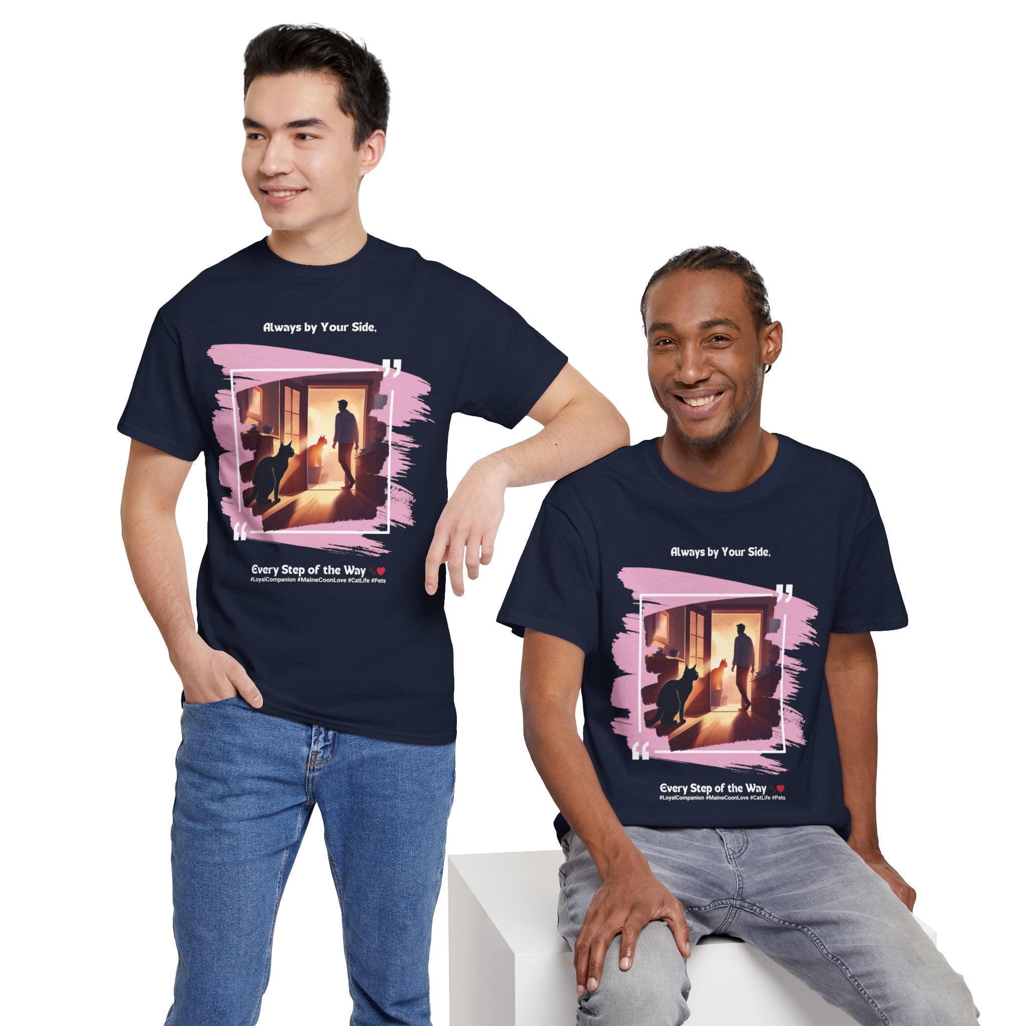 Men’s “Always by Your Side” Maine Coon T-Shirt – Loyal Fluffy Friend, Cat Dad Gift