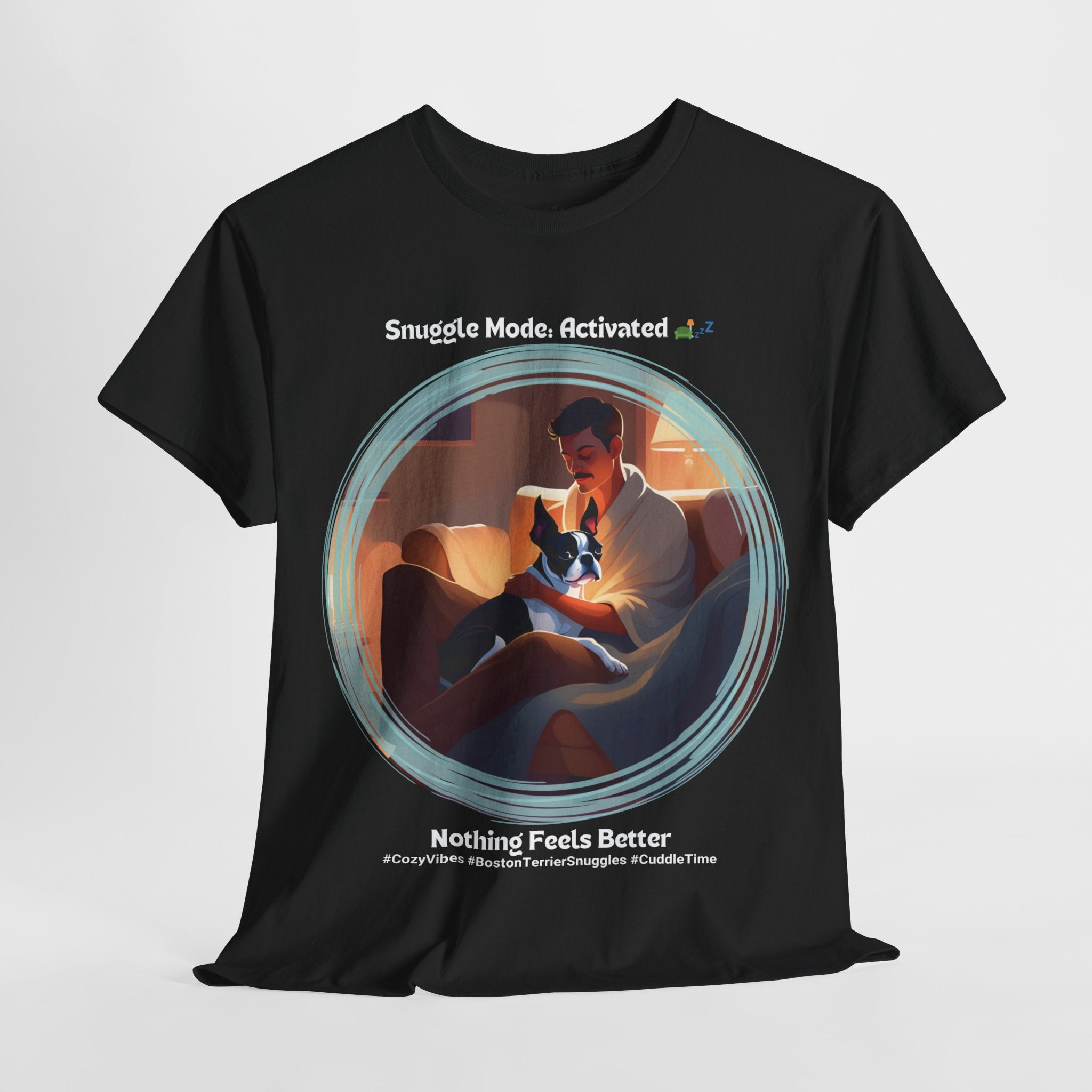 Men’s “Cozy Vibes: Boston Terrier Snuggles” T‑Shirt – Warm Pup Dad Gift