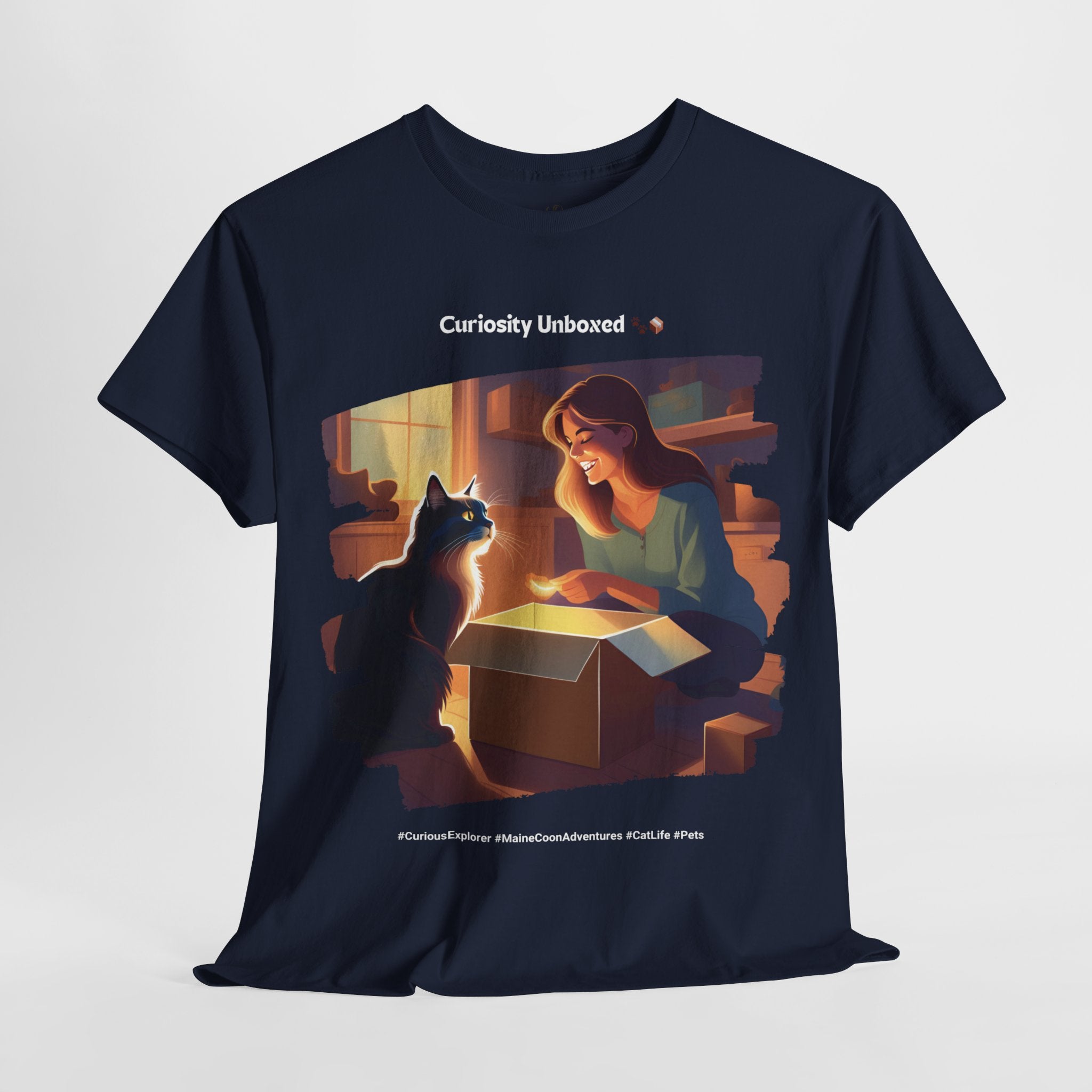 Women’s “Curiosity Unboxed” Maine Coon T‑Shirt – Adventurous Cat Mom Gift