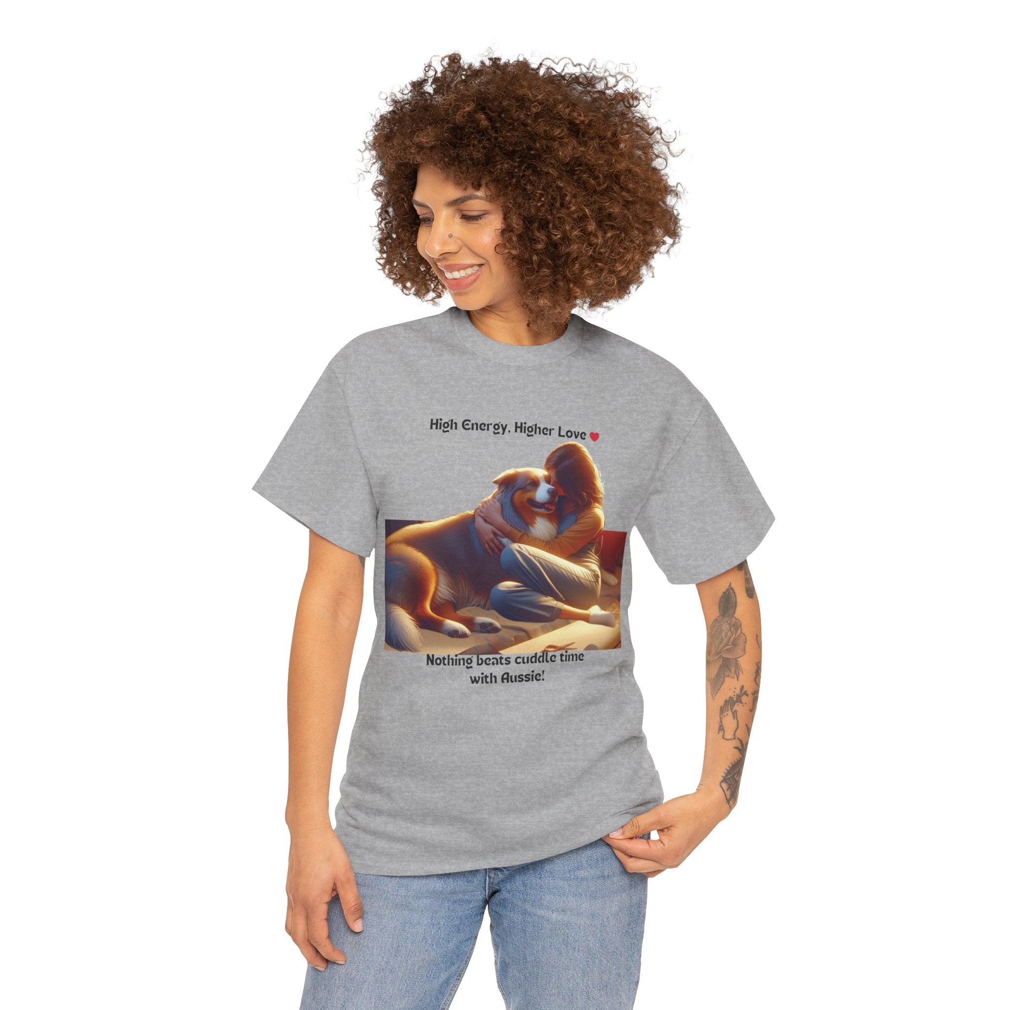 Women’s “High Energy, Higher Love” Australian Shepherd T‑Shirt – Energetic Pup Mom Gift