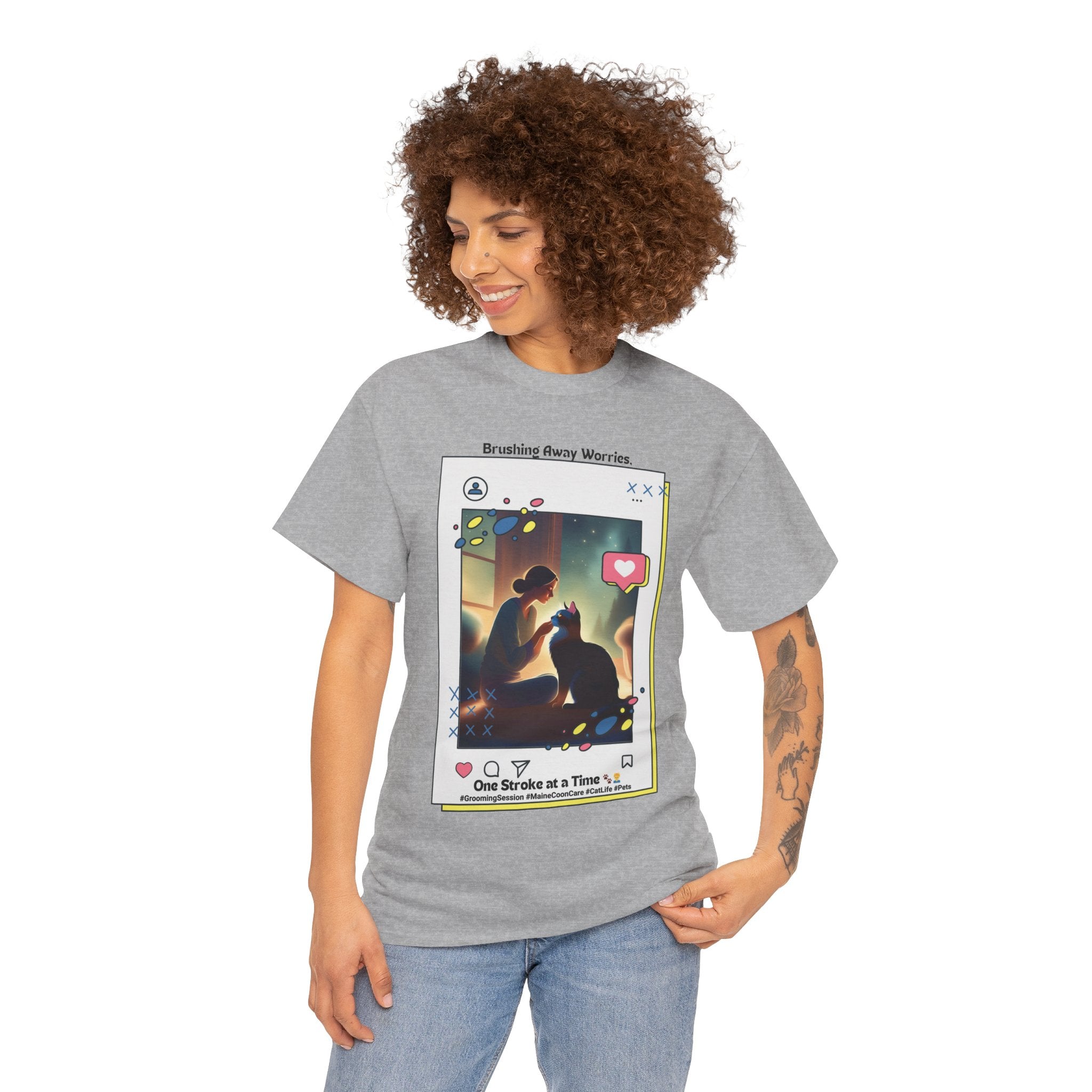 Women’s “Brushing Away Worries” Maine Coon T‑Shirt – Relaxing Grooming Tee