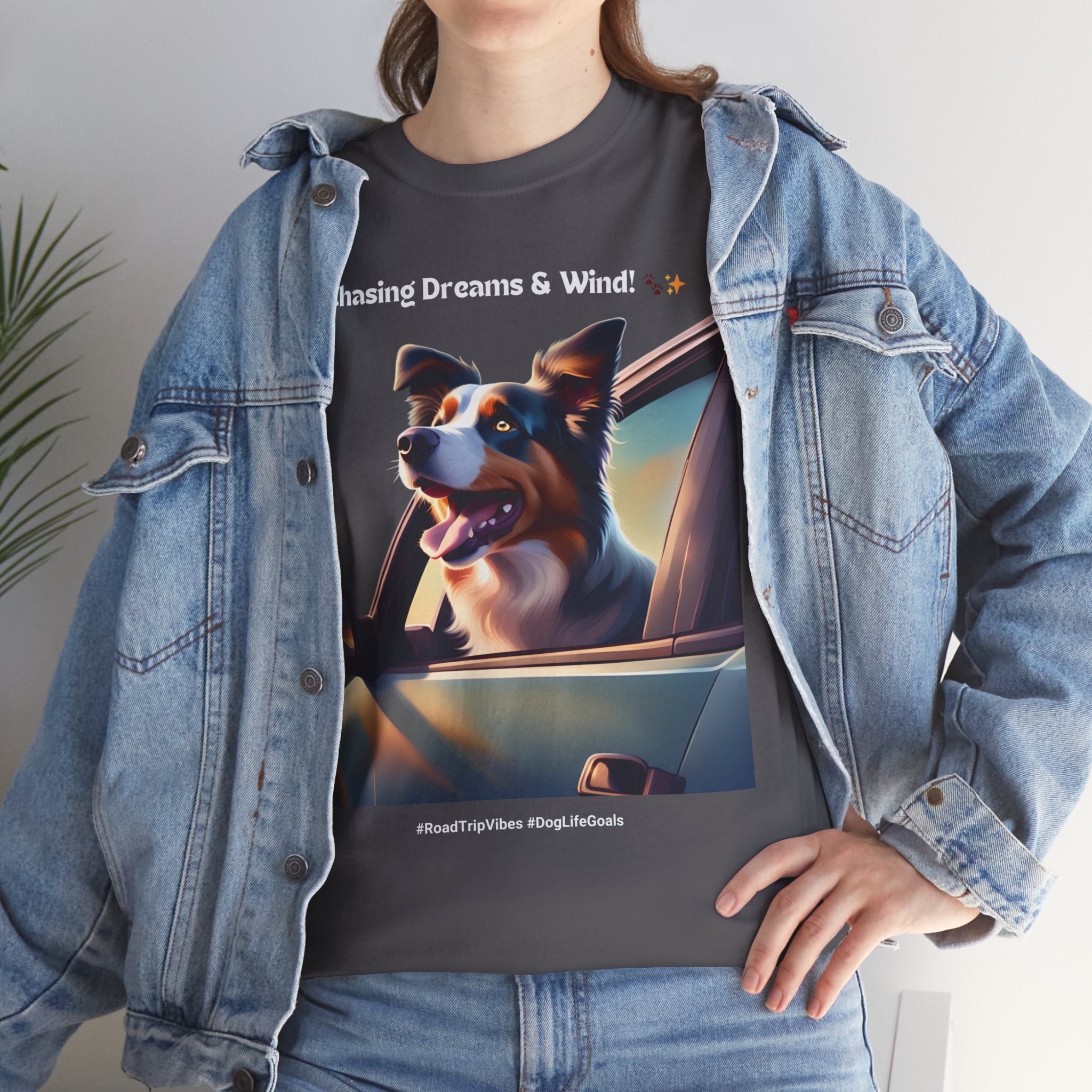 Unisex “Chasing Dreams & Wind” Australian Shepherd T‑Shirt – Adventure Road Tee, Wanderlust Pup Gift