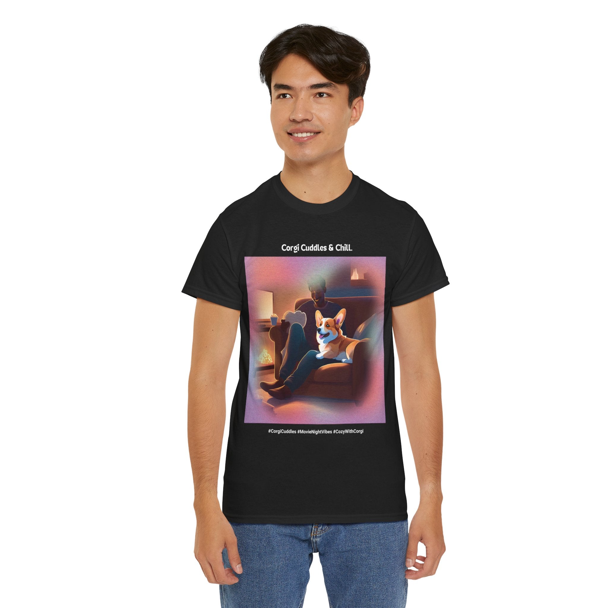 Men’s “Corgi Cuddles & Chill” T-Shirt – Cozy Movie Night, Dog Dad Gift