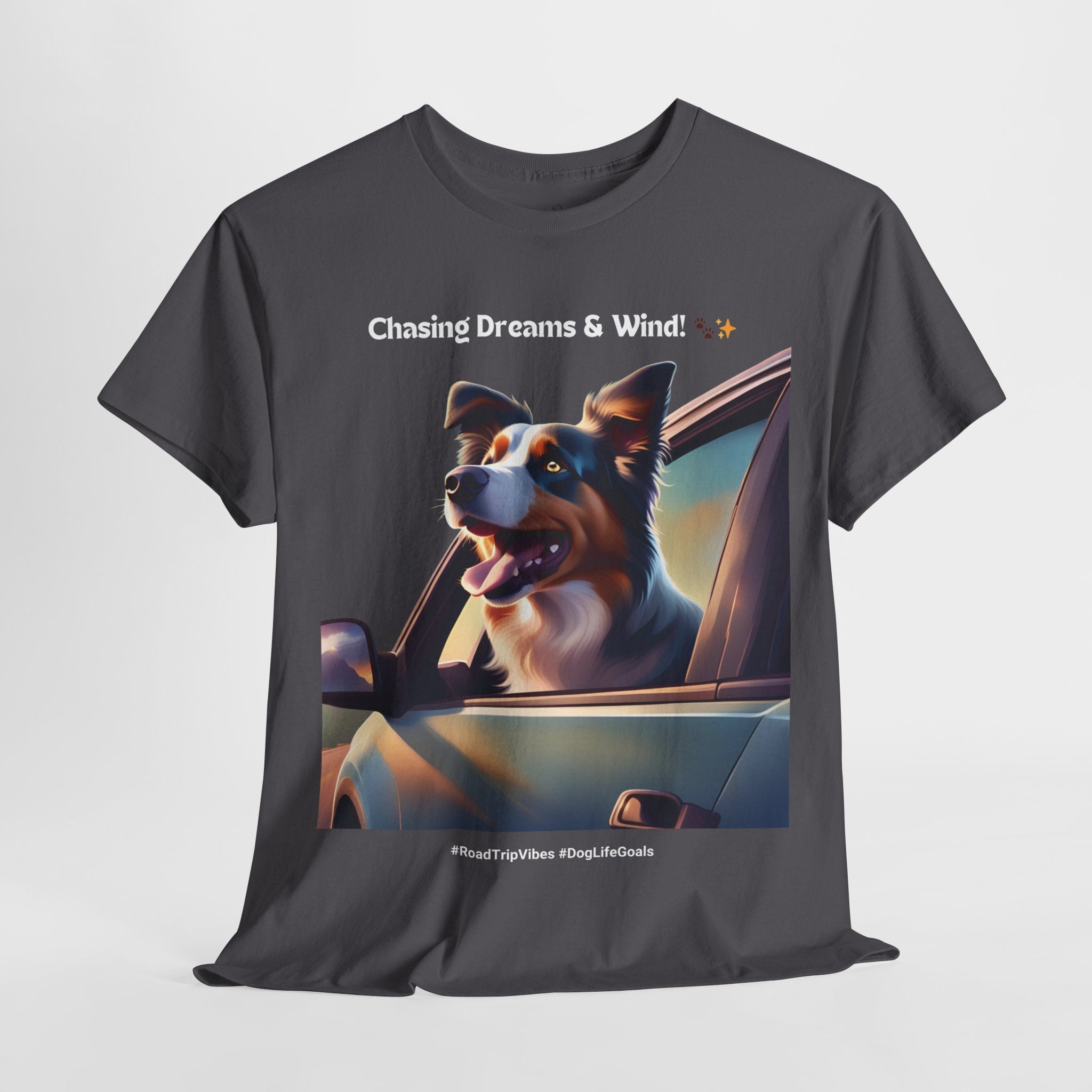 Unisex “Chasing Dreams & Wind” Australian Shepherd T‑Shirt – Adventure Road Tee, Wanderlust Pup Gift
