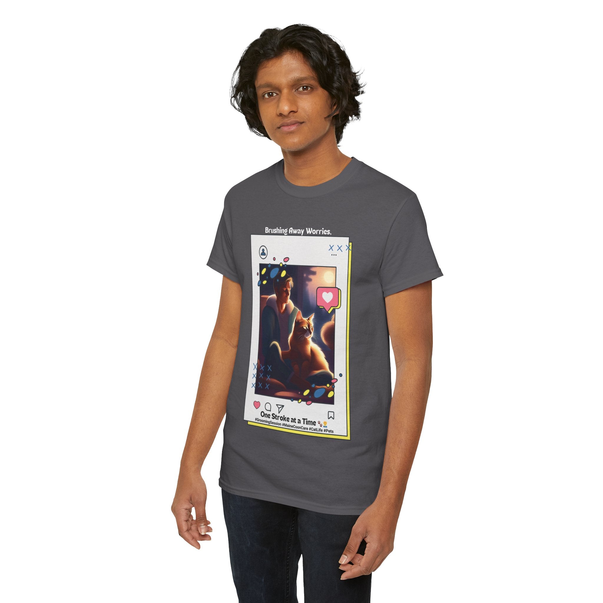 Men’s “Brushing Away Worries” Maine Coon T‑Shirt – Relaxation Cat Dad Gift