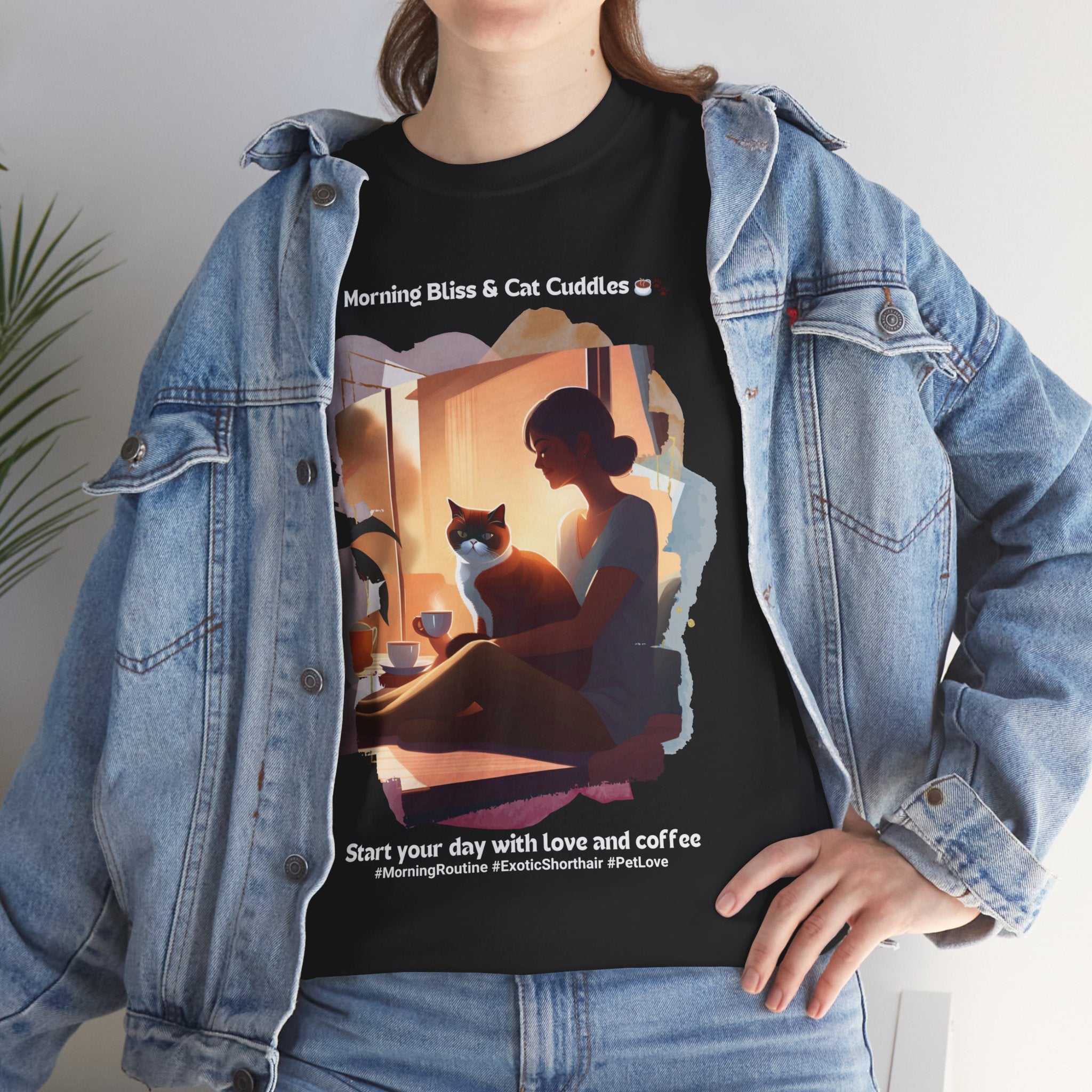Women’s “Morning Bliss & Cat Cuddles” Exotic Shorthair T‑Shirt – Cuddle Cat Mom Gift