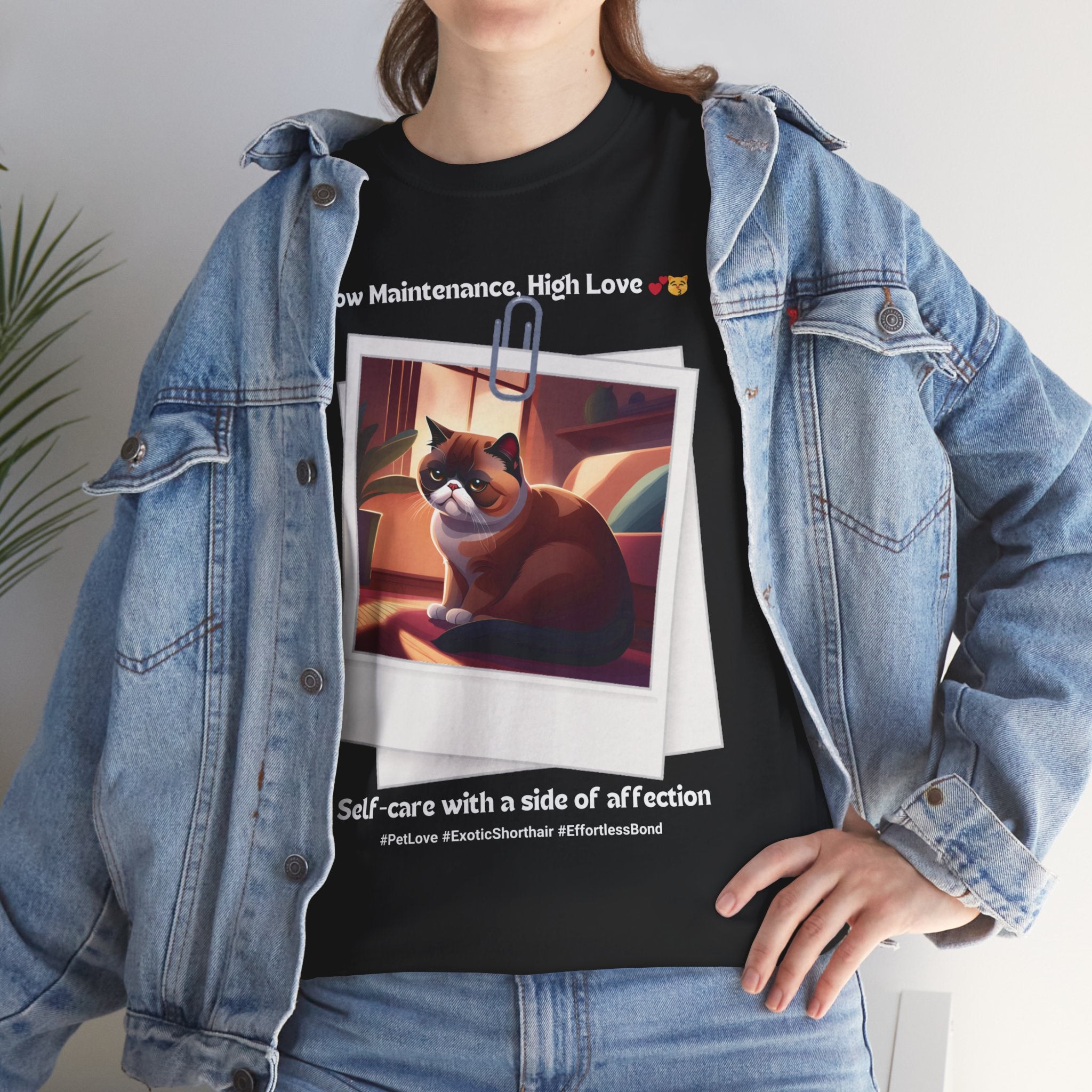 Unisex “Low Maintenance, High Love” Exotic Shorthair T‑Shirt – Easy Loving Cat Gift