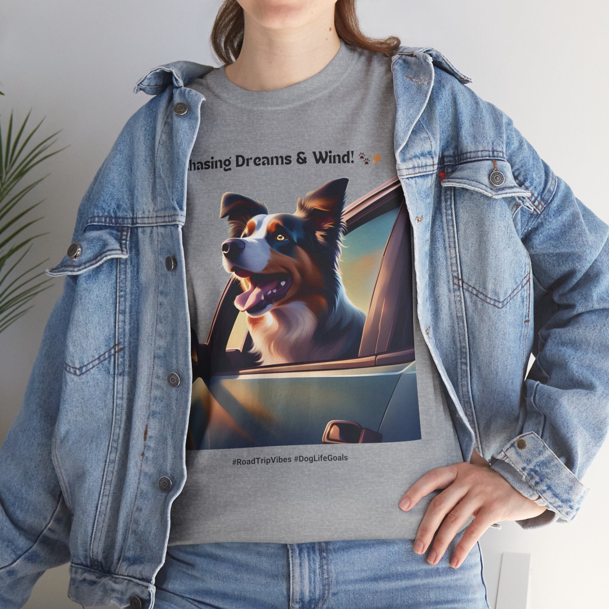 Unisex “Chasing Dreams & Wind” Australian Shepherd T‑Shirt – Adventure Road Tee, Wanderlust Pup Gift
