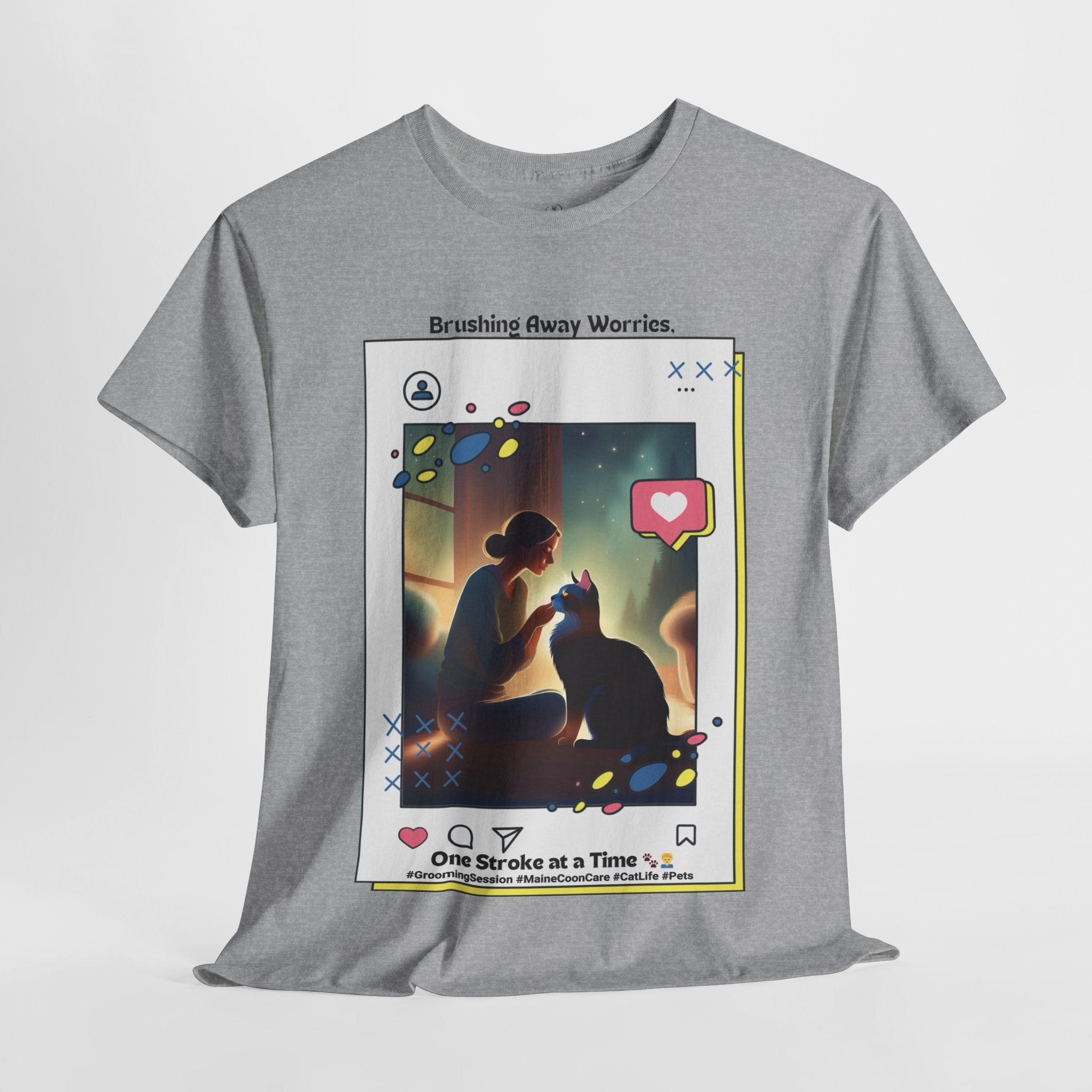 Women’s “Brushing Away Worries” Maine Coon T‑Shirt – Relaxing Grooming Tee