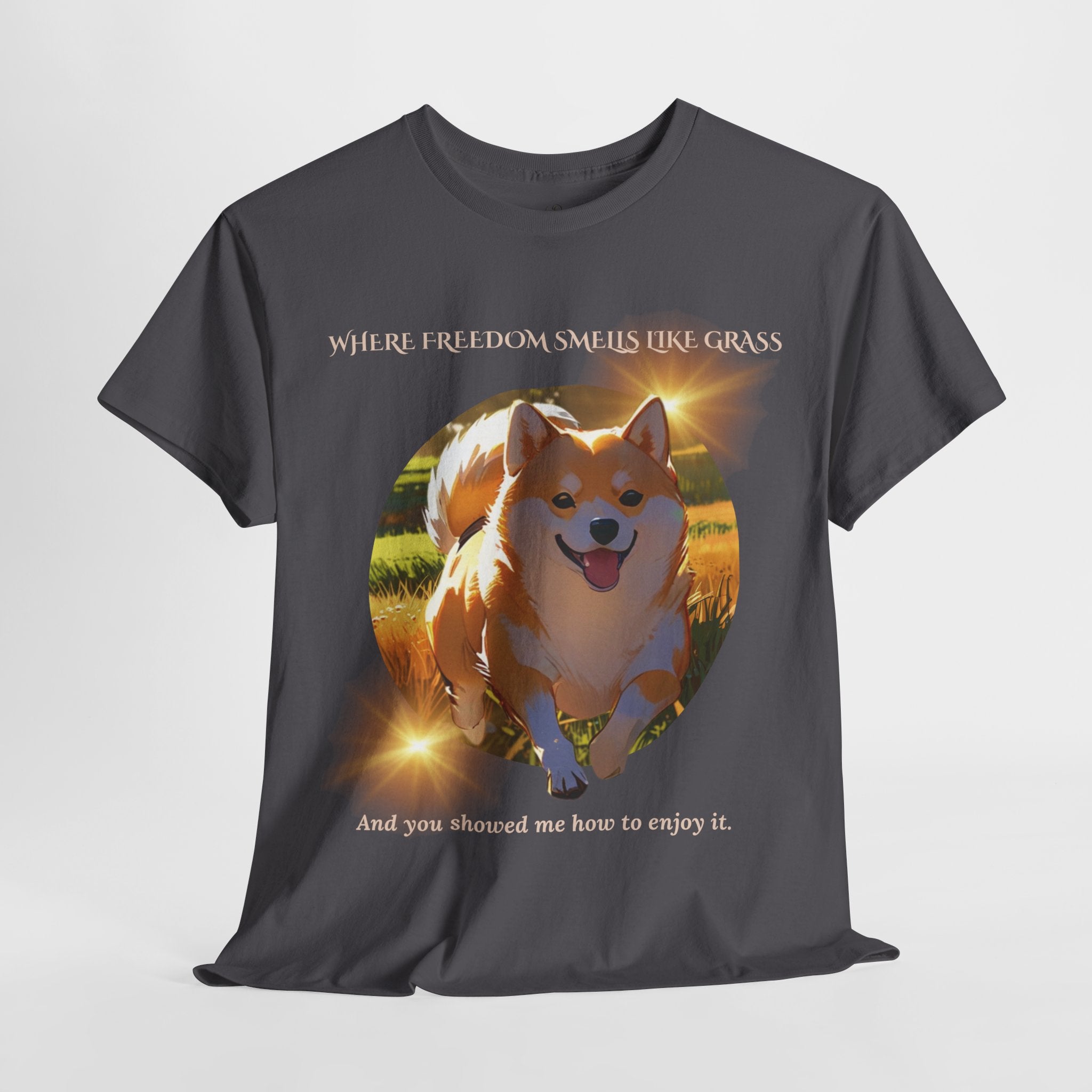 Unisex “Where Freedom Smells Like Grass” Shiba Inu T-Shirt – Dog Adventure Lover Tee