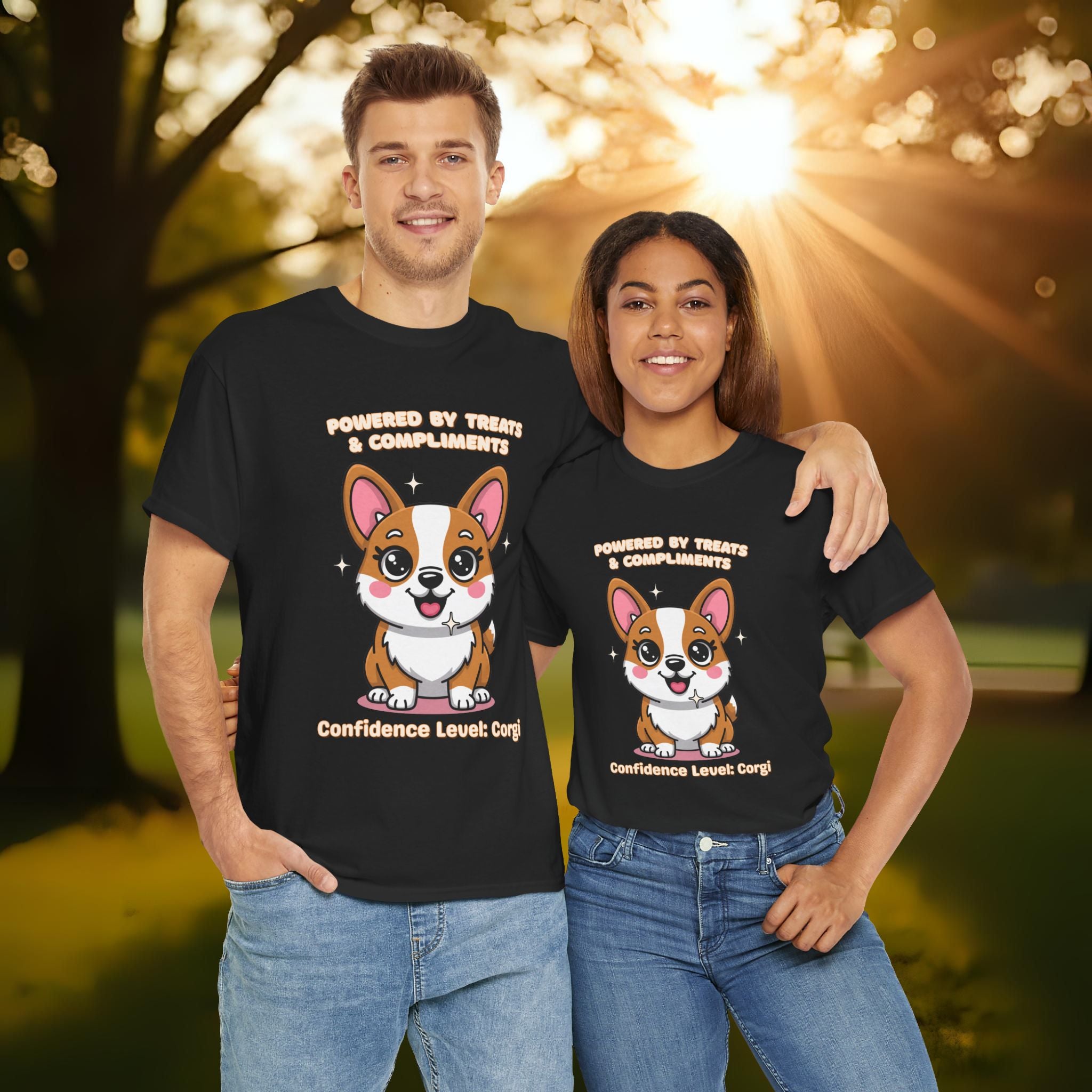 Unisex T-Shirt – Powered by Treats & Compliments: Corgi Everyday Moments Edition