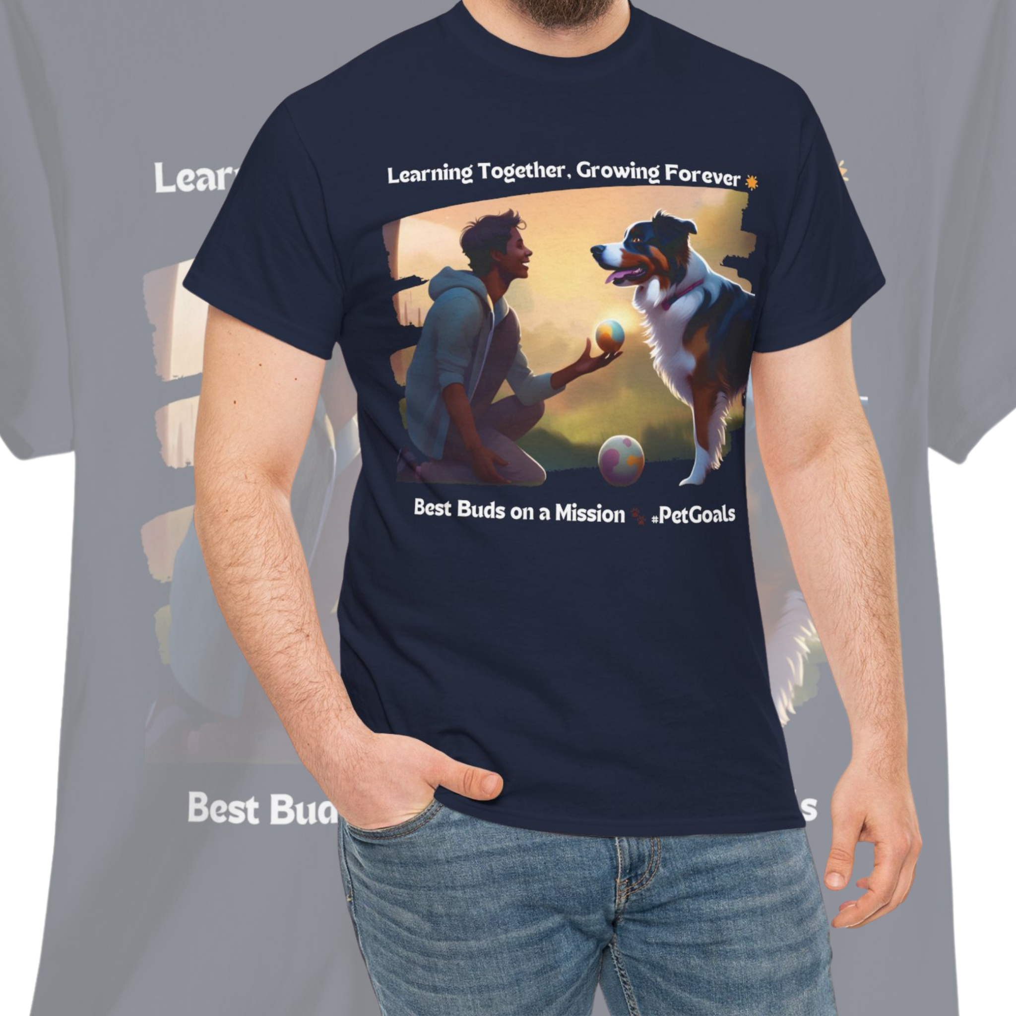 Men’s “Learning Together, Growing Forever” Australian Shepherd T‑Shirt – Journey Pup Dad Gift
