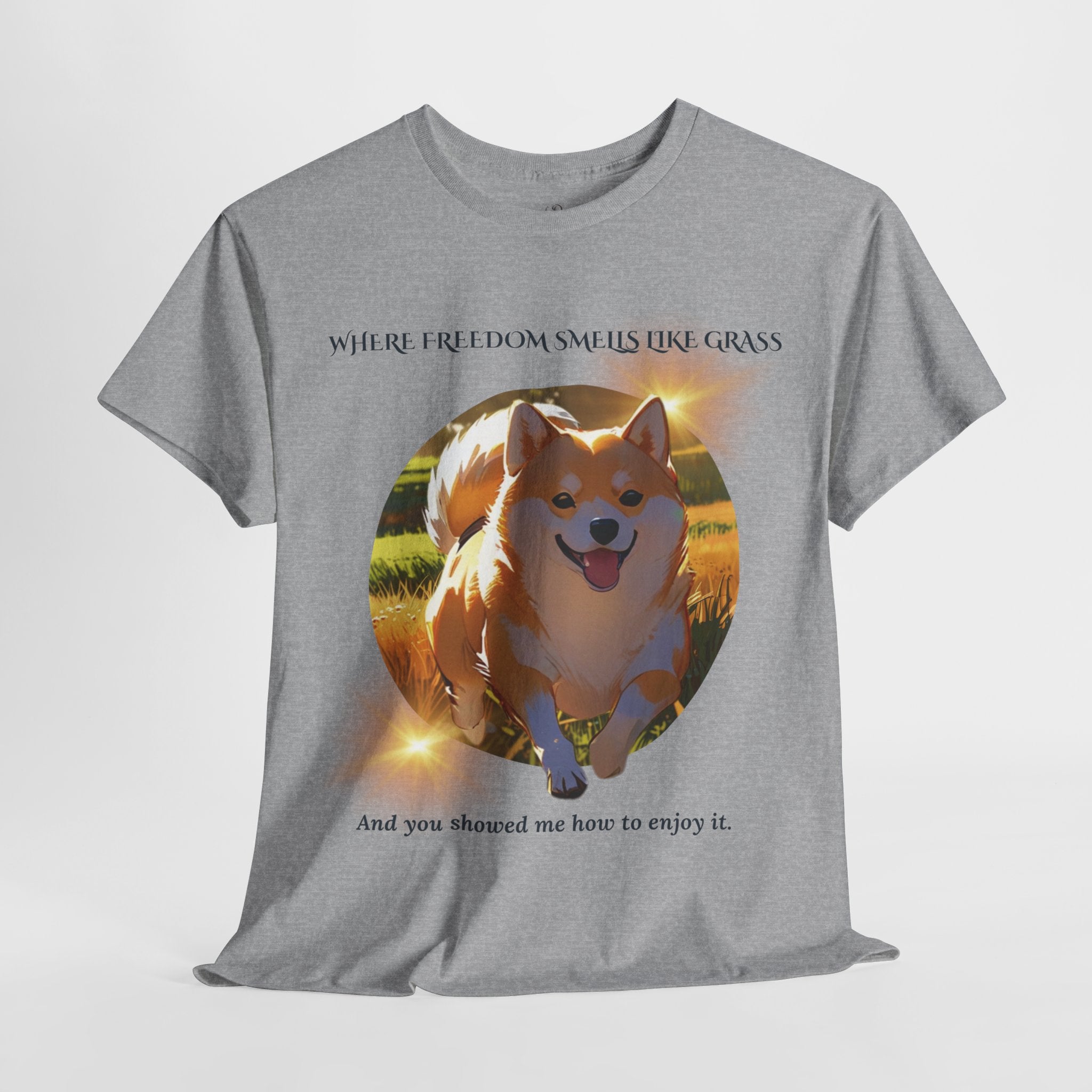 Unisex “Where Freedom Smells Like Grass” Shiba Inu T-Shirt – Dog Adventure Lover Tee