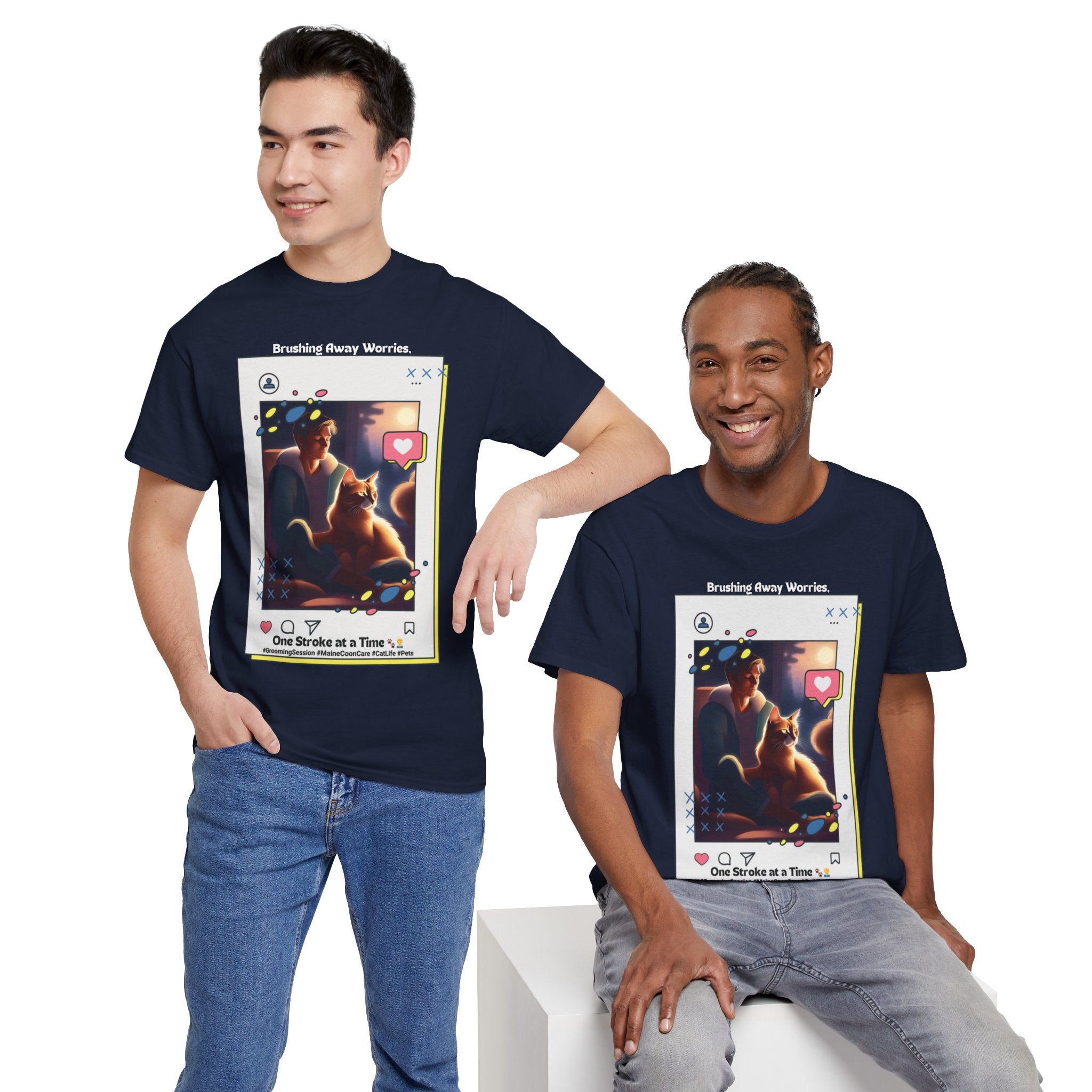 Men’s “Brushing Away Worries” Maine Coon T‑Shirt – Relaxation Cat Dad Gift