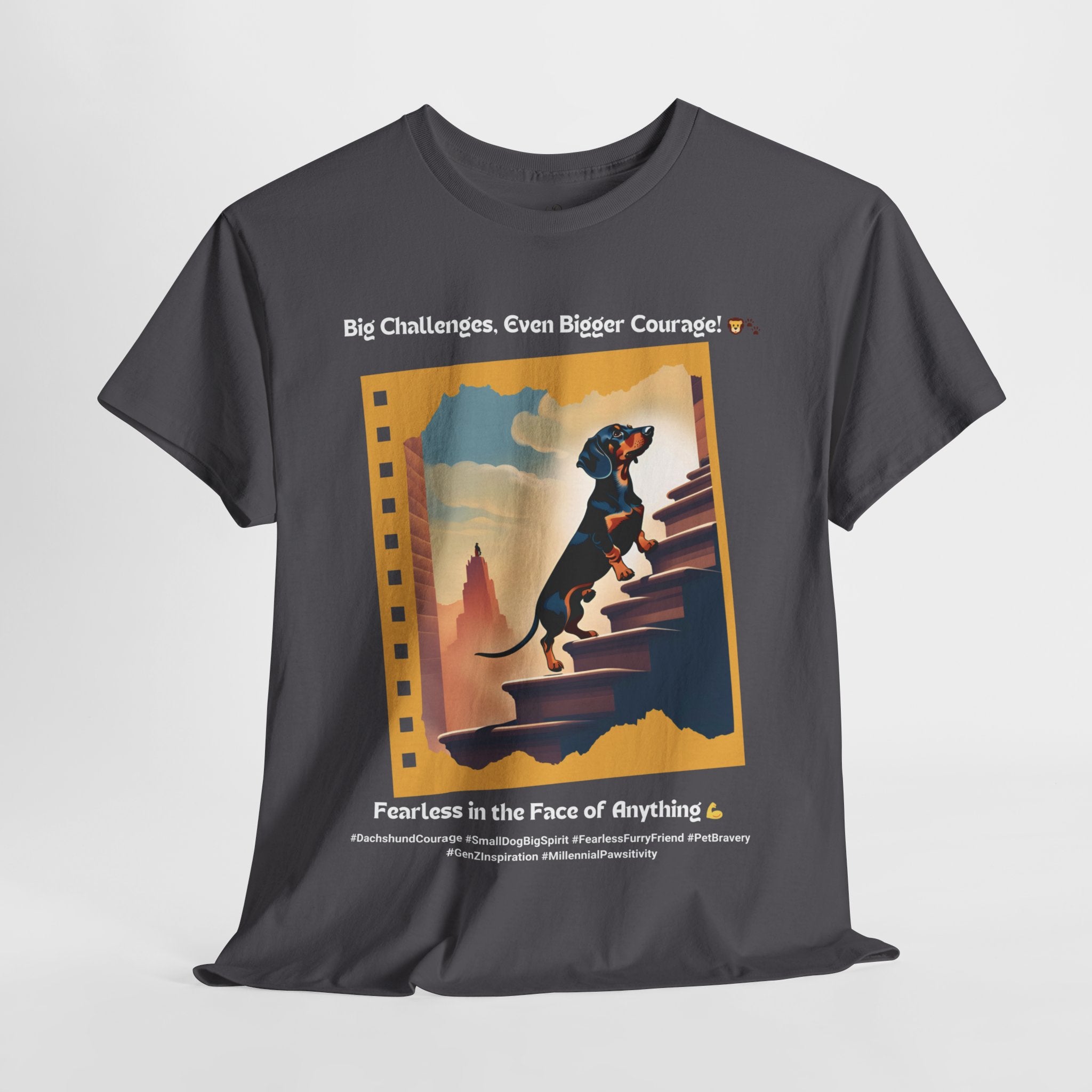 Unisex “Big Challenges, Even Bigger Courage” Dachshund T-Shirt – Brave Wiener Dog, Pet Lover Gift