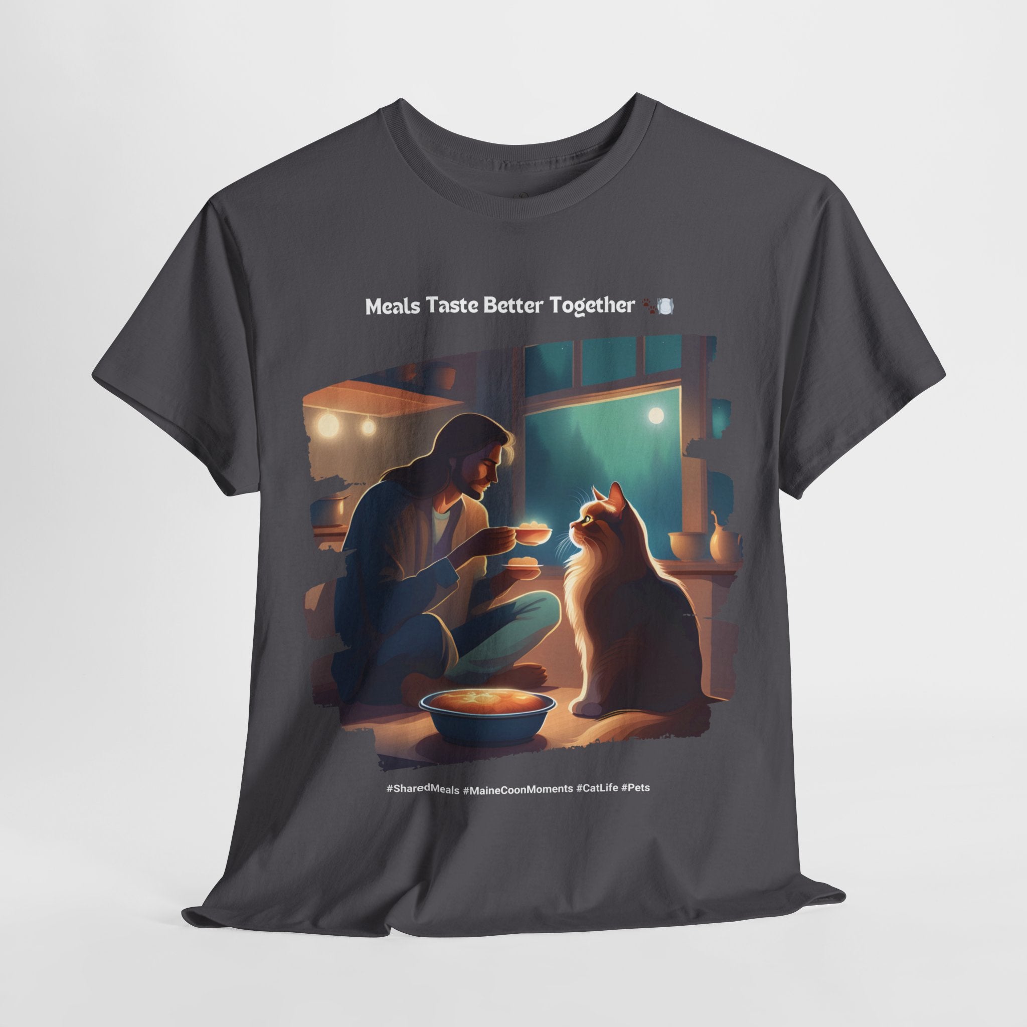 Men’s “Meals Taste Better Together” Maine Coon T‑Shirt – Meal Buddy Cat Dad Gift