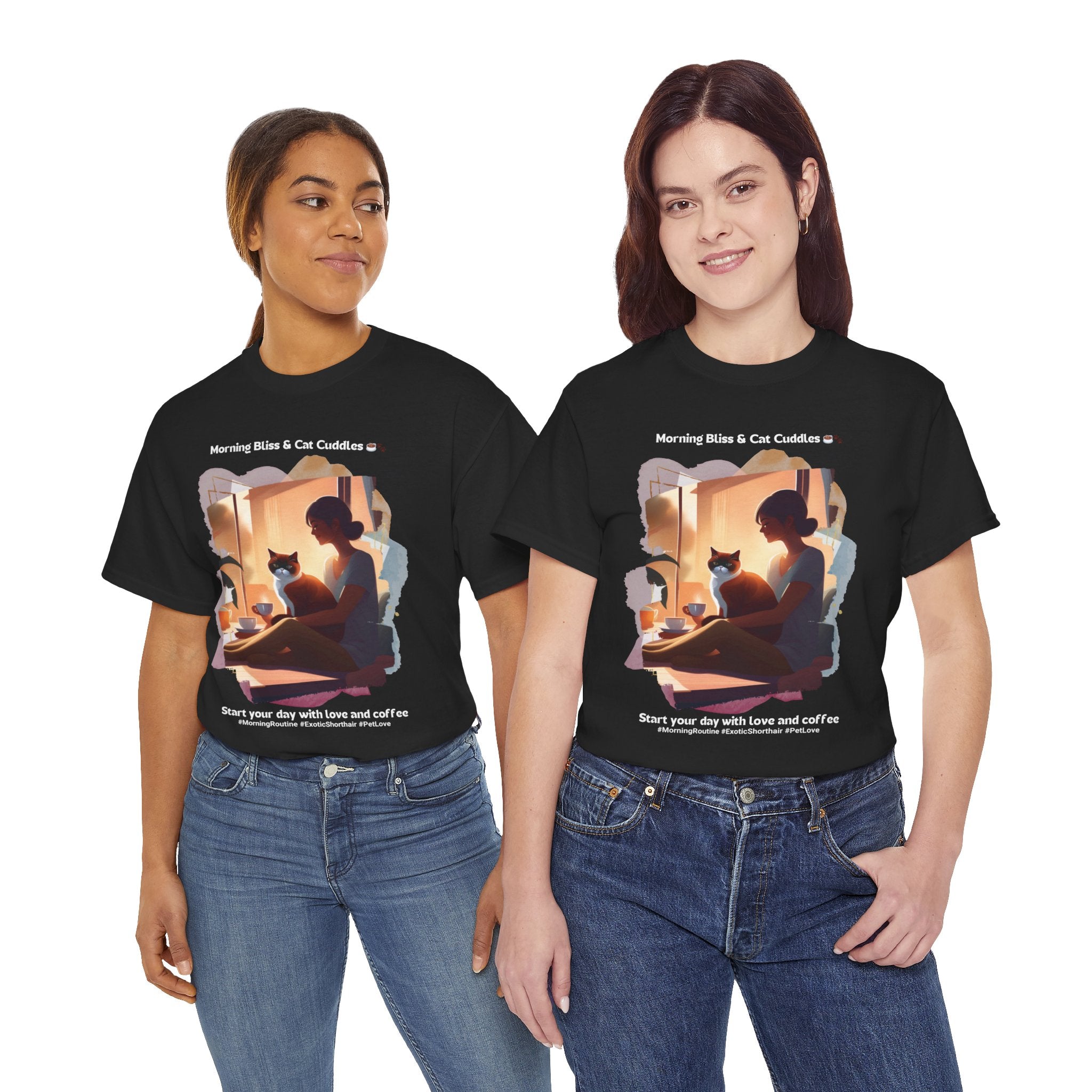 Women’s “Morning Bliss & Cat Cuddles” Exotic Shorthair T‑Shirt – Cuddle Cat Mom Gift