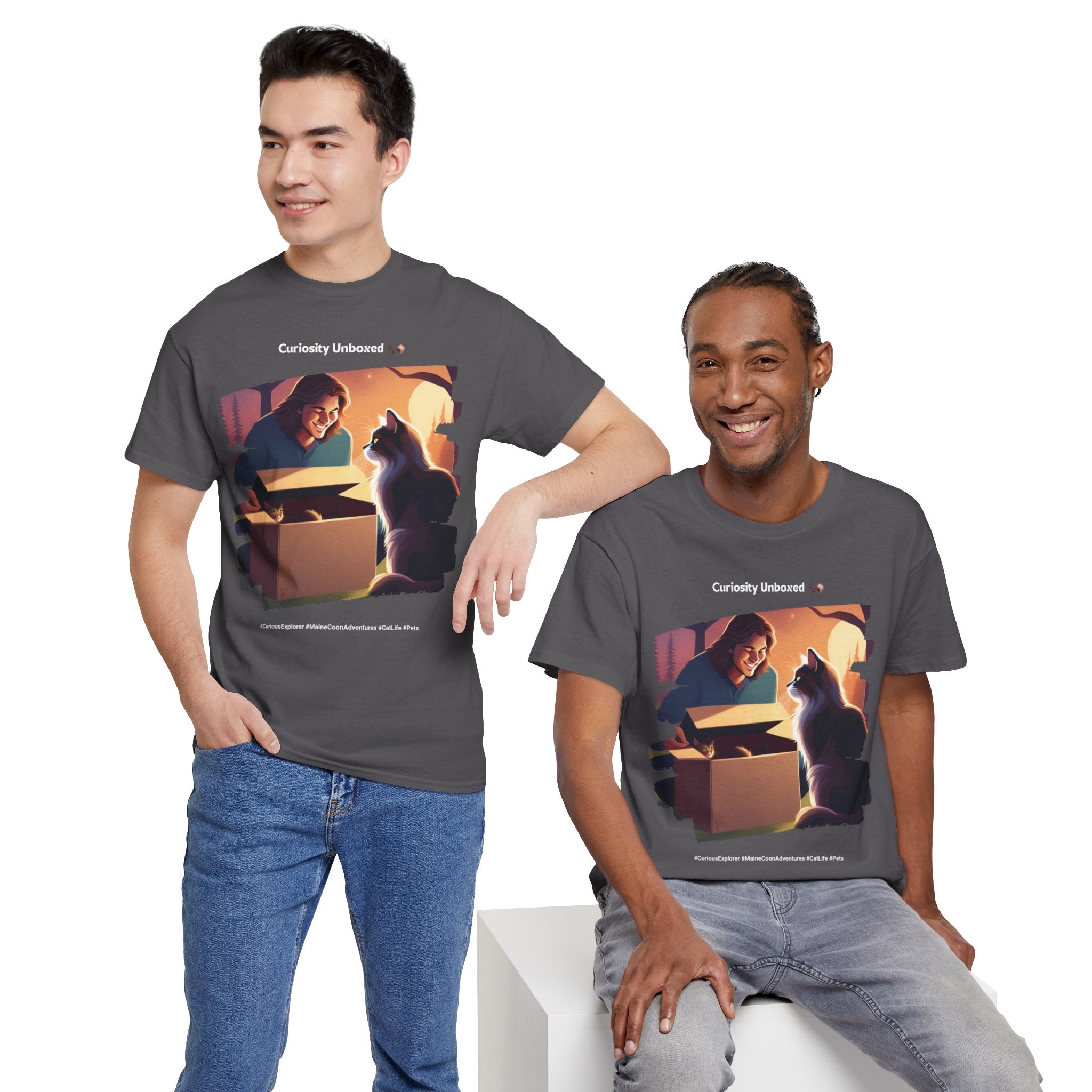 Men’s “Curiosity Unboxed” Maine Coon T‑Shirt – Adventurous Cat Dad Gift