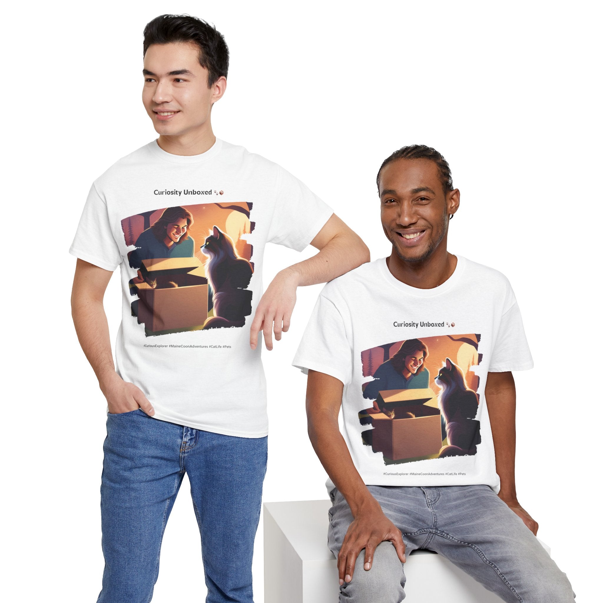 Men’s “Curiosity Unboxed” Maine Coon T‑Shirt – Adventurous Cat Dad Gift