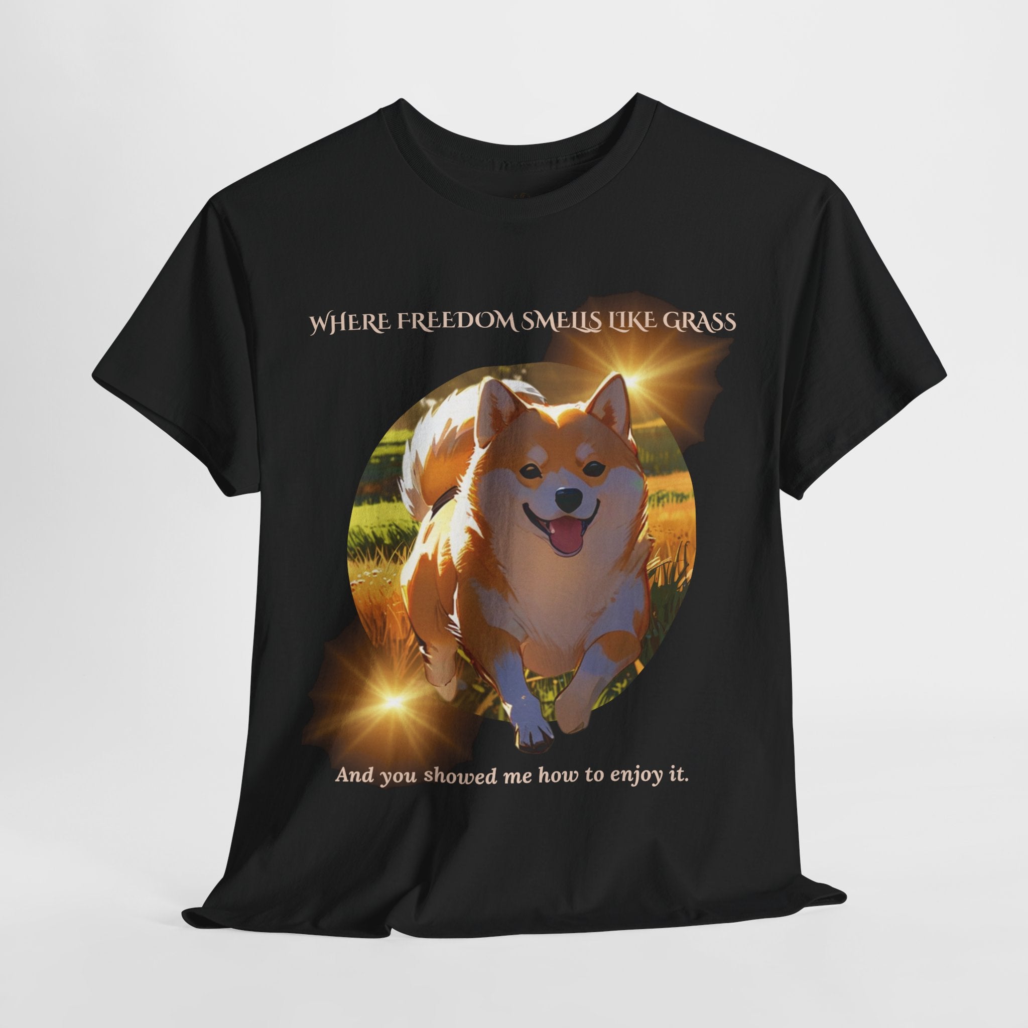 Unisex “Where Freedom Smells Like Grass” Shiba Inu T-Shirt – Dog Adventure Lover Tee