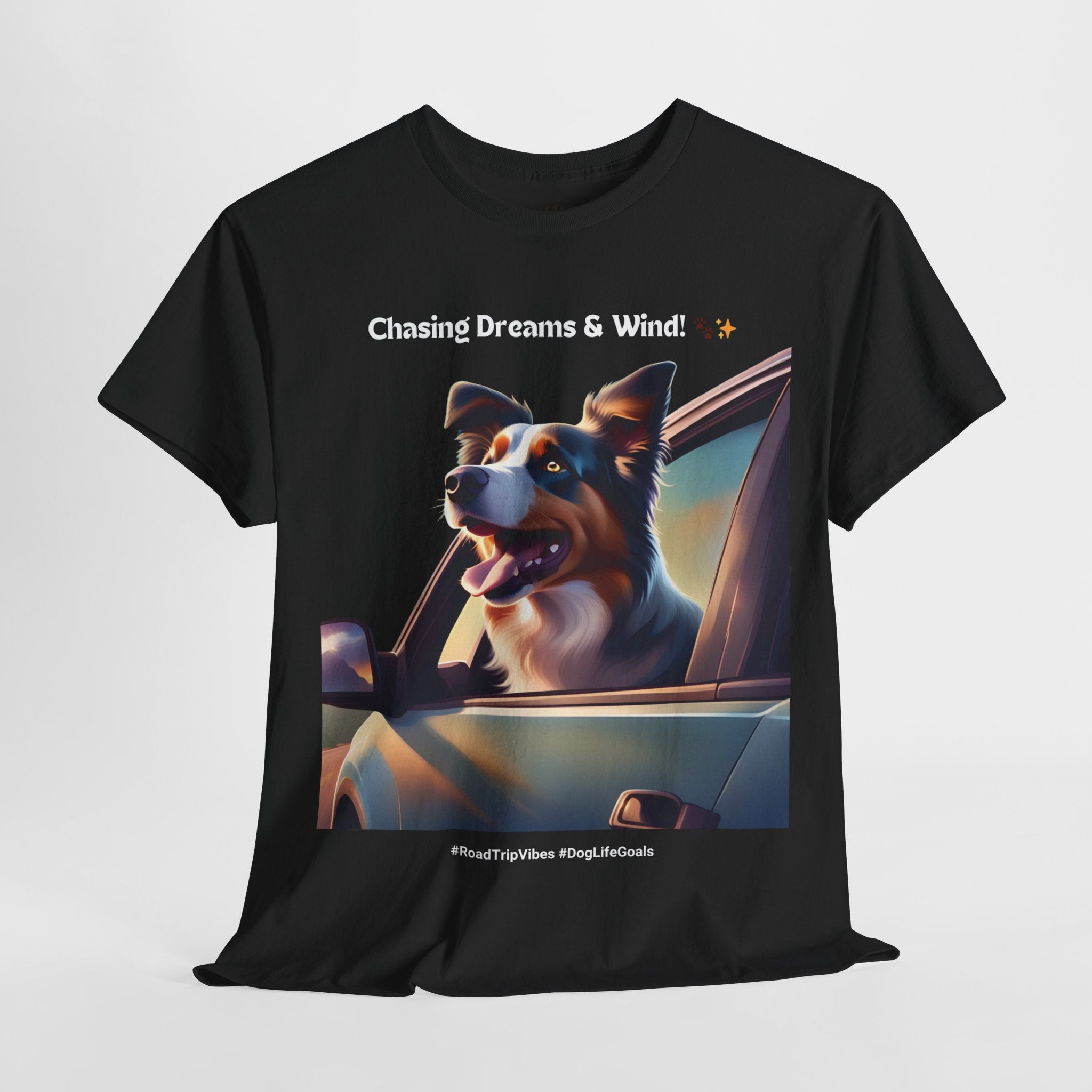 Unisex “Chasing Dreams & Wind” Australian Shepherd T‑Shirt – Adventure Road Tee, Wanderlust Pup Gift