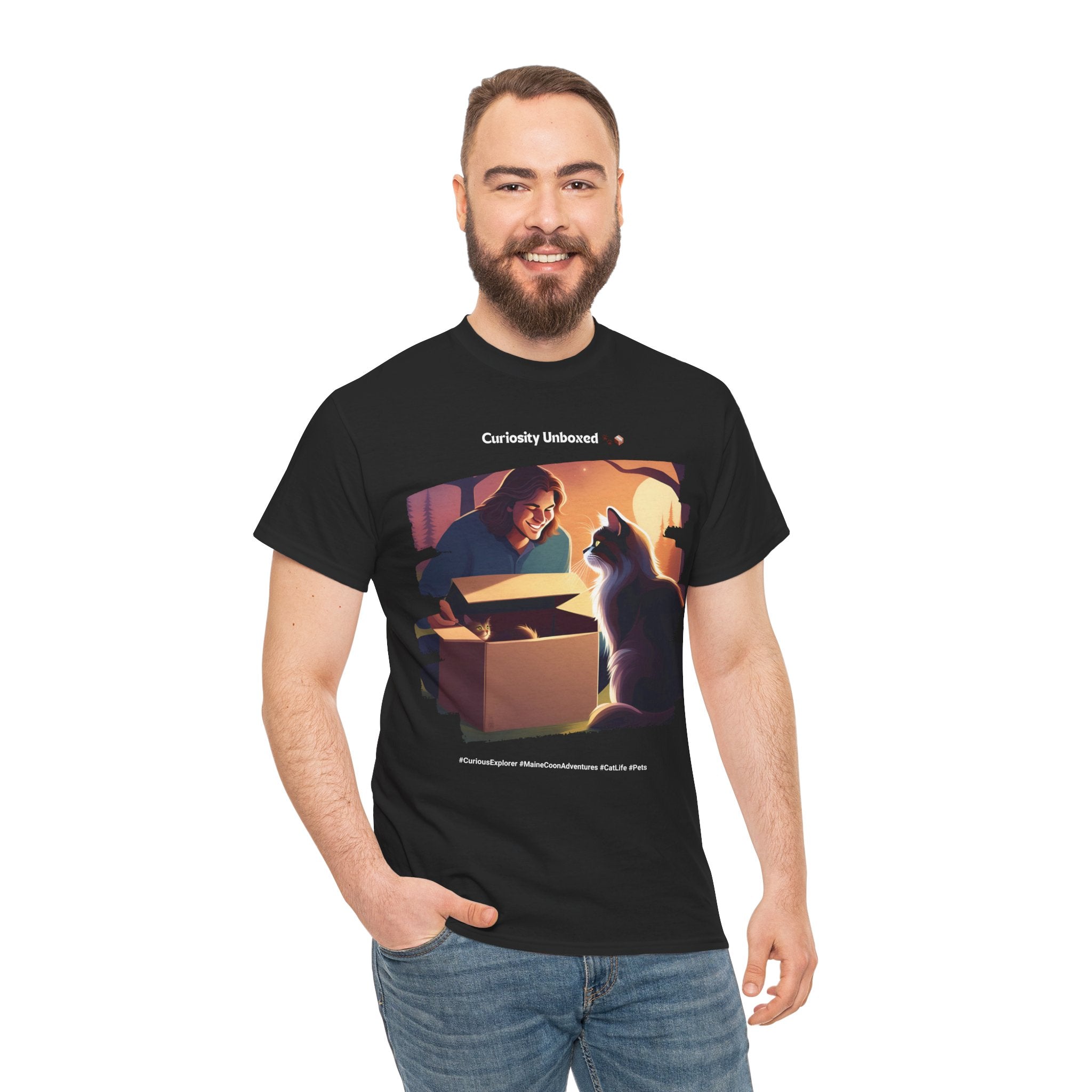 Men’s “Curiosity Unboxed” Maine Coon T‑Shirt – Adventurous Cat Dad Gift