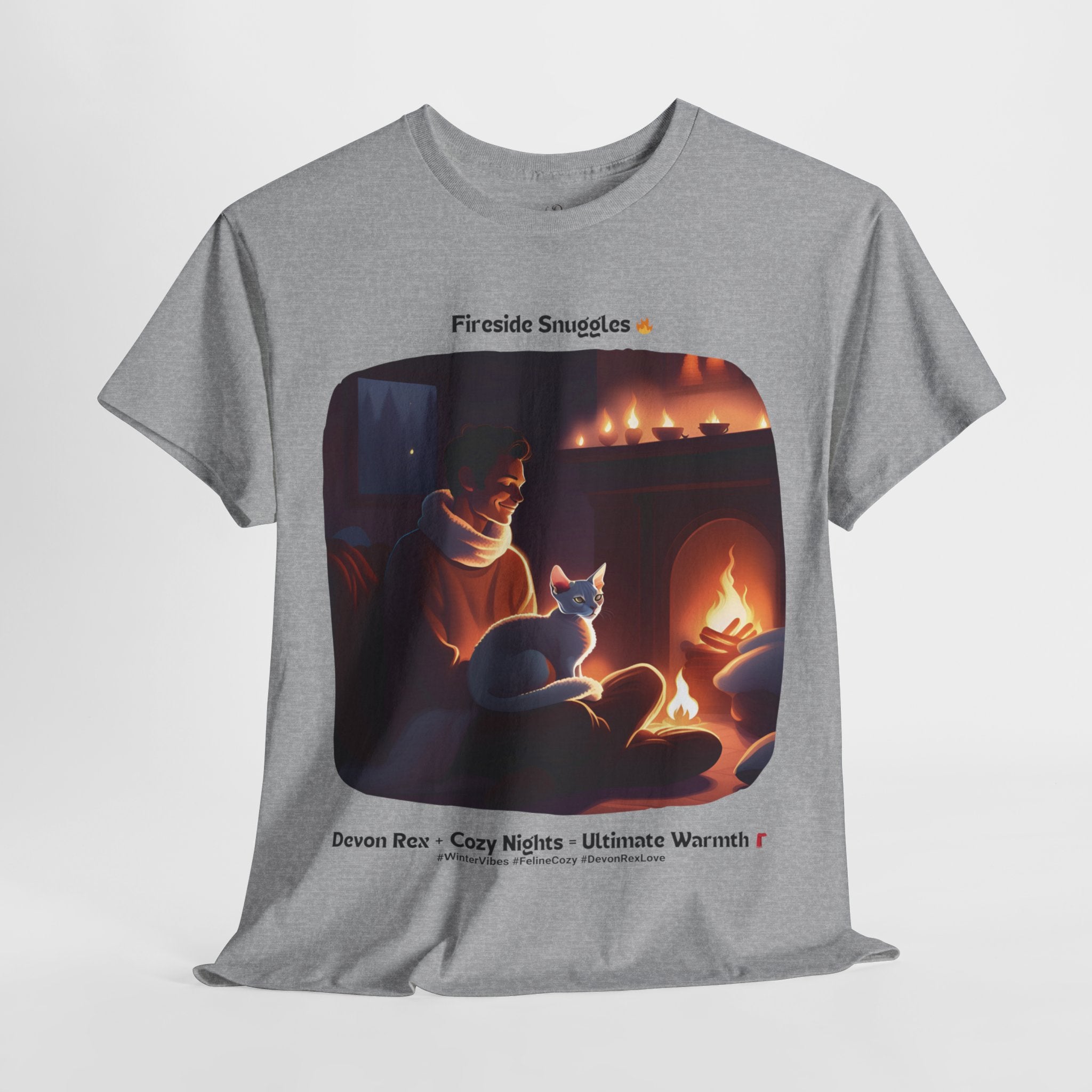 Men’s “Fireside Snuggles with Devon Rex” T‑Shirt – Cozy Cat Dad Gift