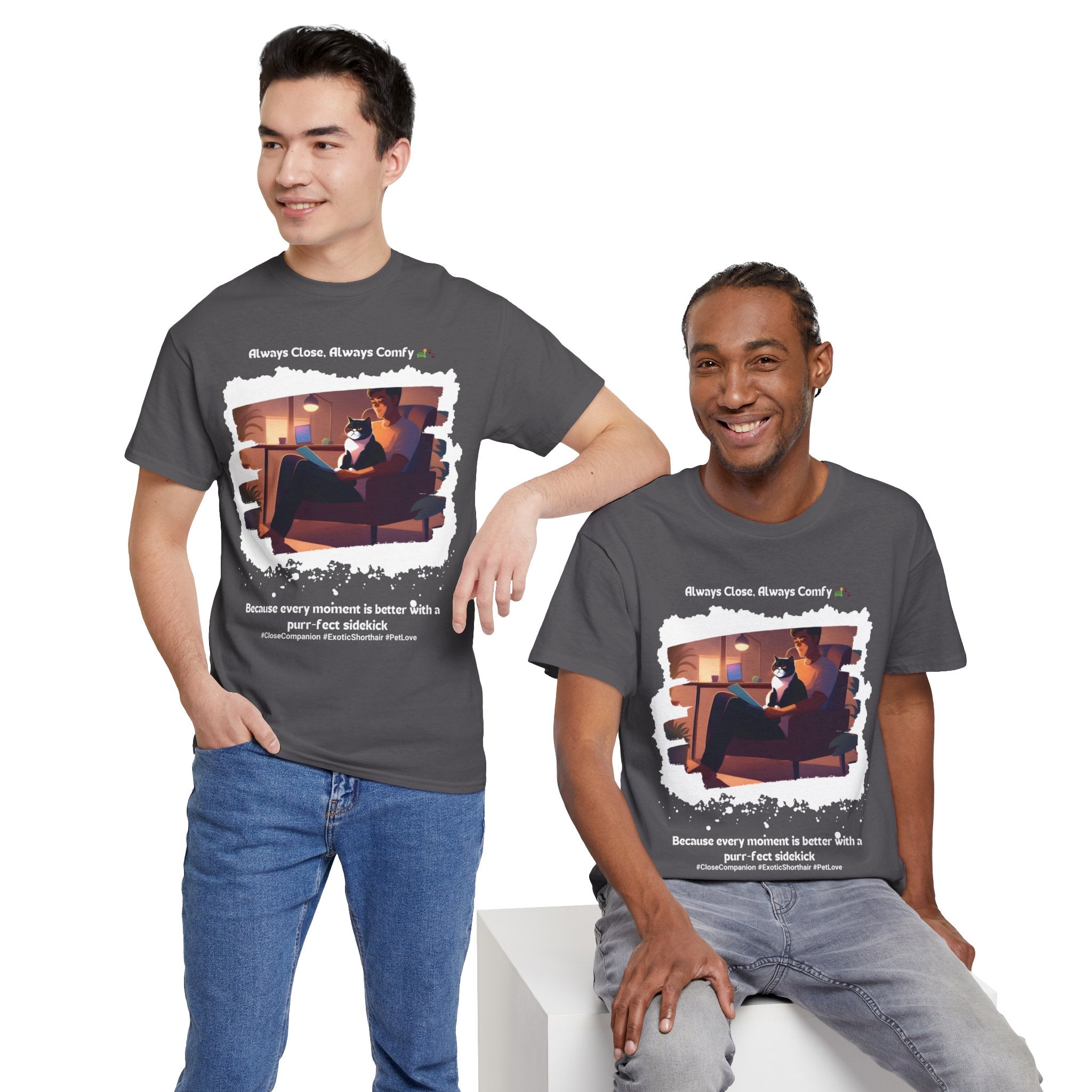 Men’s “Always Close, Always Comfy” Exotic Shorthair T‑Shirt – Soft Cat Dad Gift