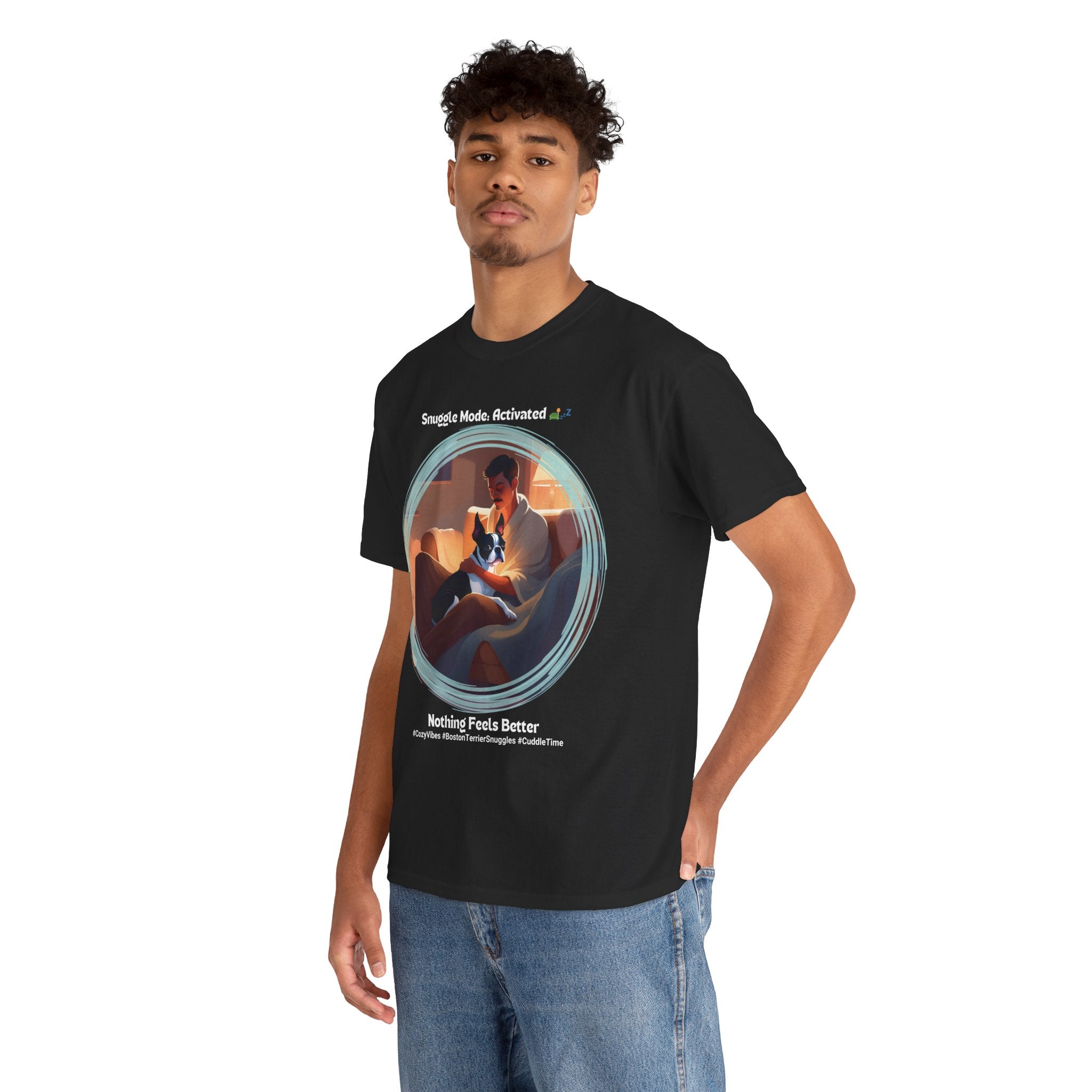 Men’s “Cozy Vibes: Boston Terrier Snuggles” T‑Shirt – Warm Pup Dad Gift