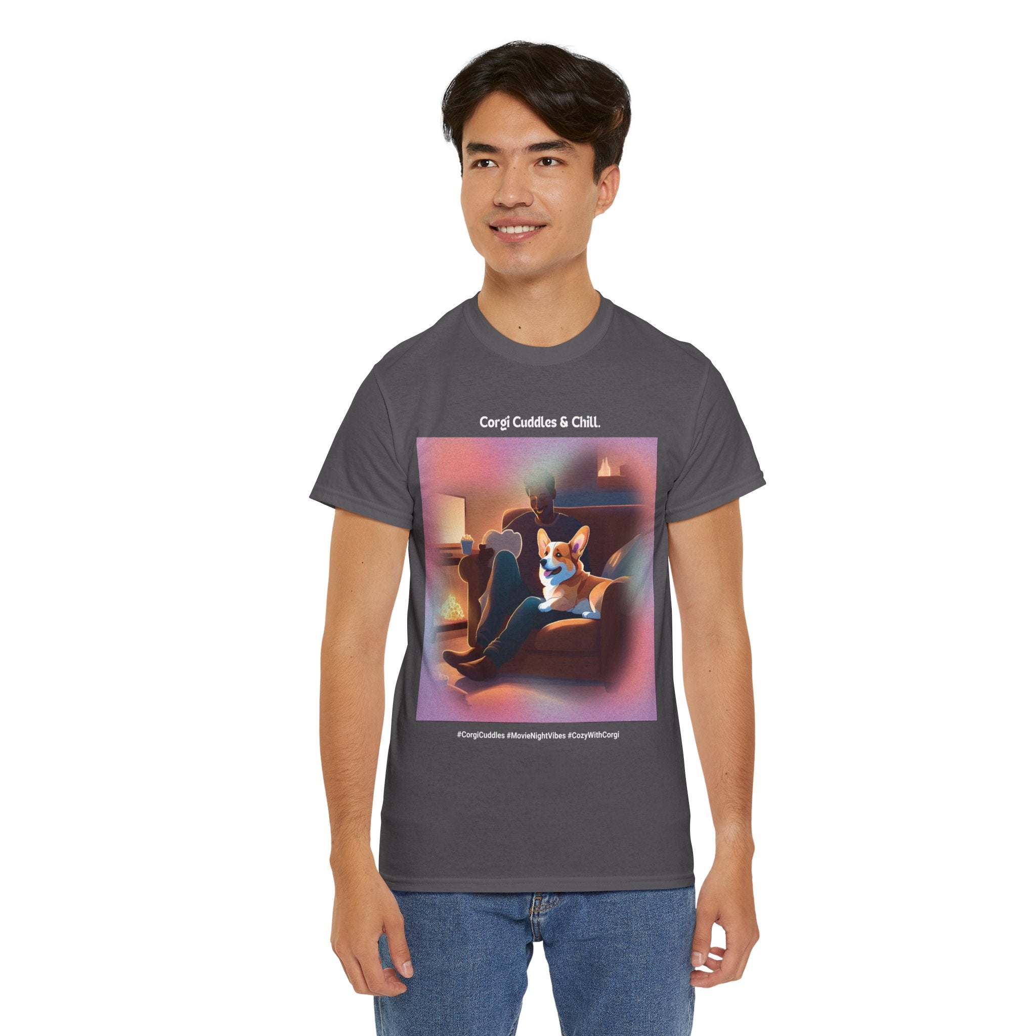 Men’s “Corgi Cuddles & Chill” T-Shirt – Cozy Movie Night, Dog Dad Gift