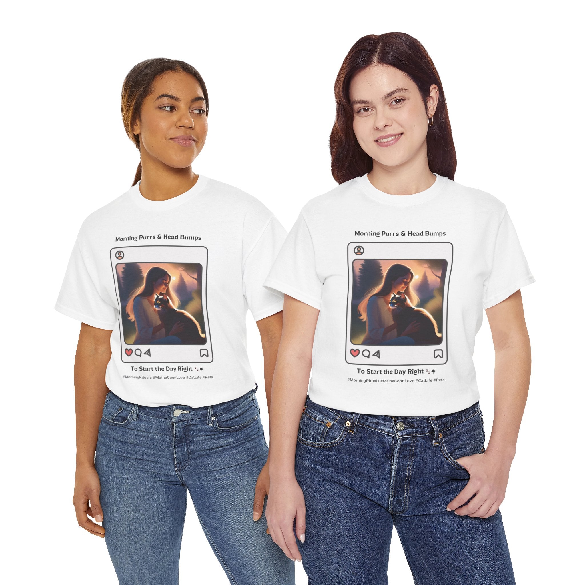 Women’s “Morning Purrs & Head Bumps” Maine Coon T‑Shirt – Uplifting Cat Mom Gift
