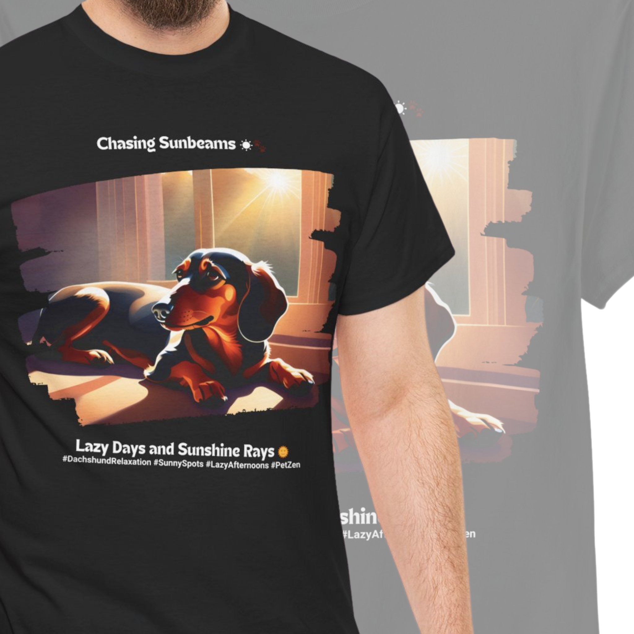 Unisex “Chasing Sunbeams” Dachshund T‑Shirt – Relaxed Pup Gift