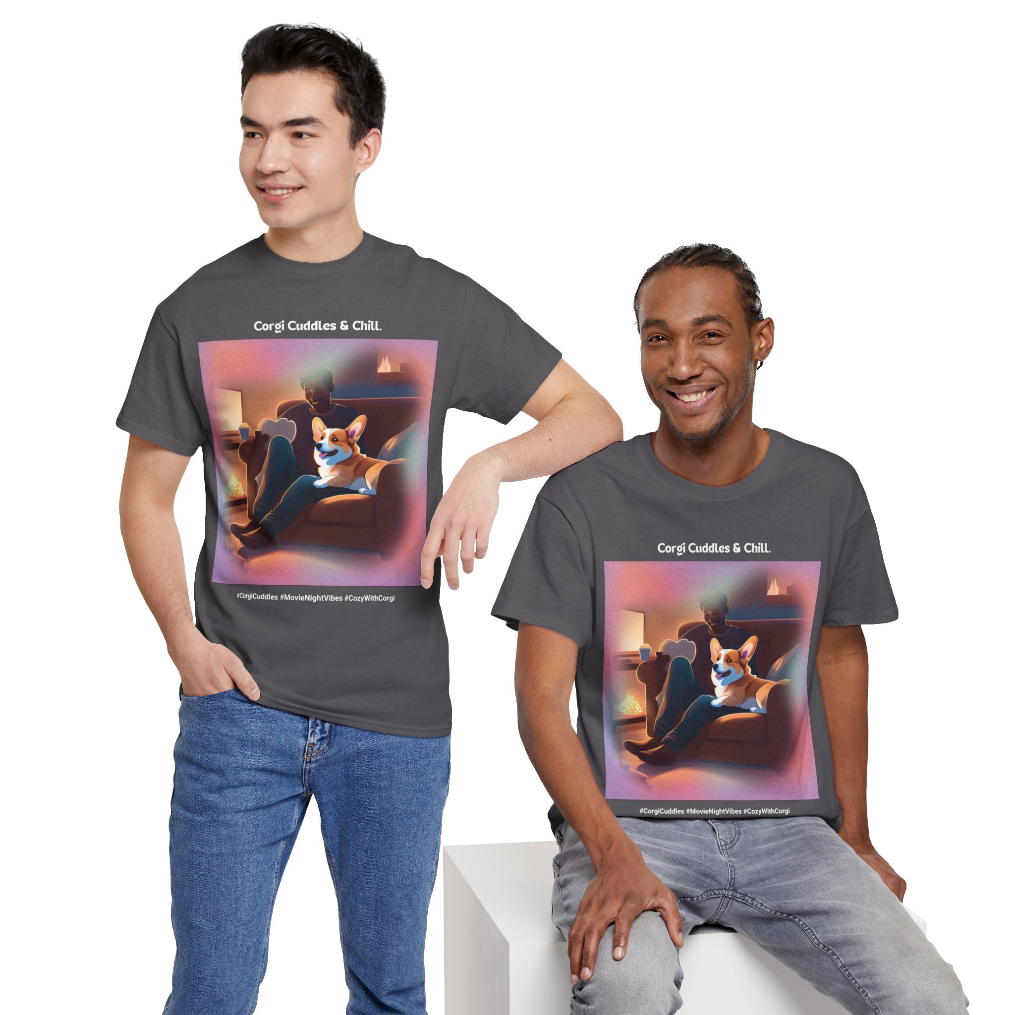 Men’s “Corgi Cuddles & Chill” T-Shirt – Cozy Movie Night, Dog Dad Gift