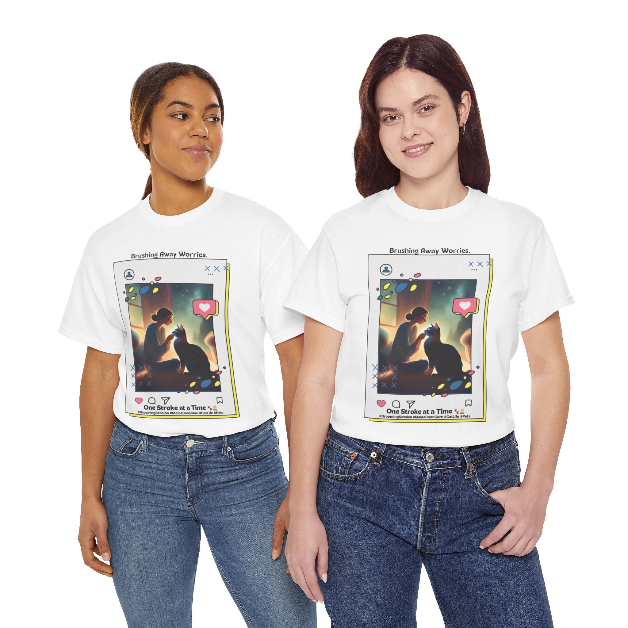 Women’s “Brushing Away Worries” Maine Coon T‑Shirt – Relaxing Grooming Tee