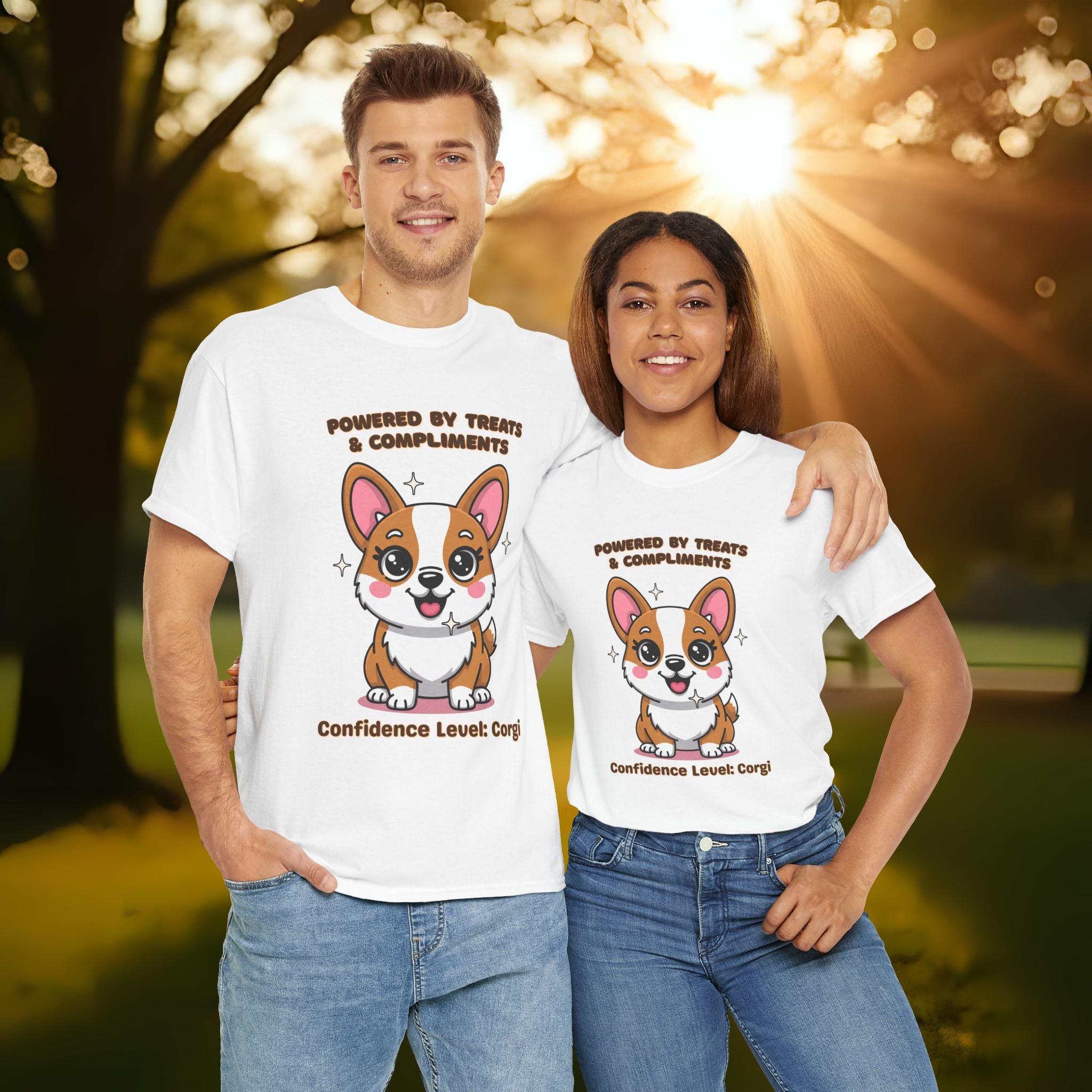 Unisex T-Shirt – Powered by Treats & Compliments: Corgi Everyday Moments Edition
