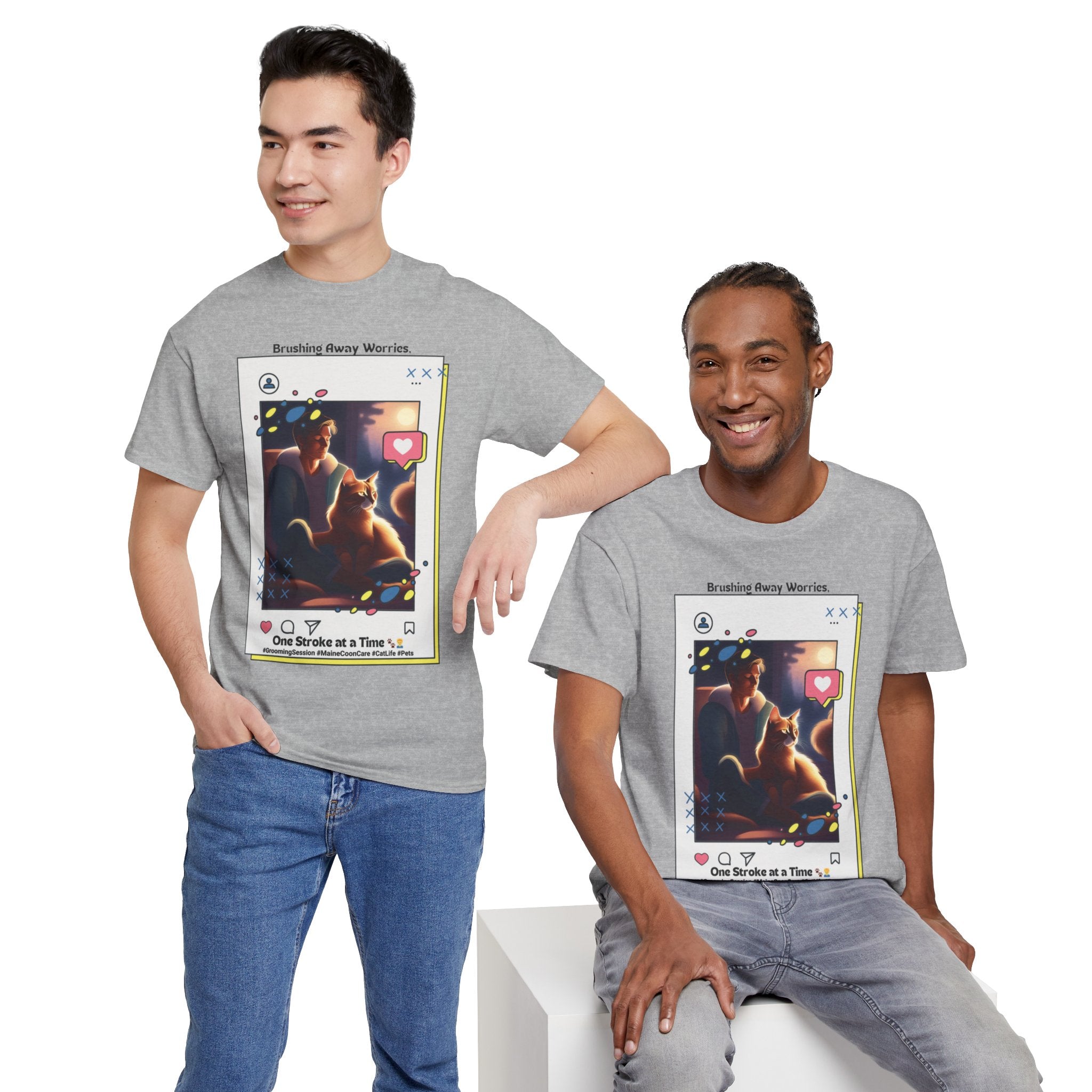 Men’s “Brushing Away Worries” Maine Coon T‑Shirt – Relaxation Cat Dad Gift