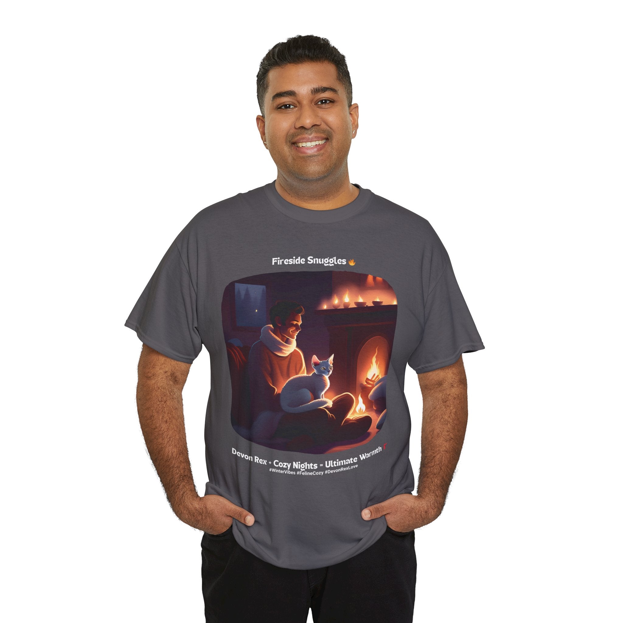 Men’s “Fireside Snuggles with Devon Rex” T‑Shirt – Cozy Cat Dad Gift