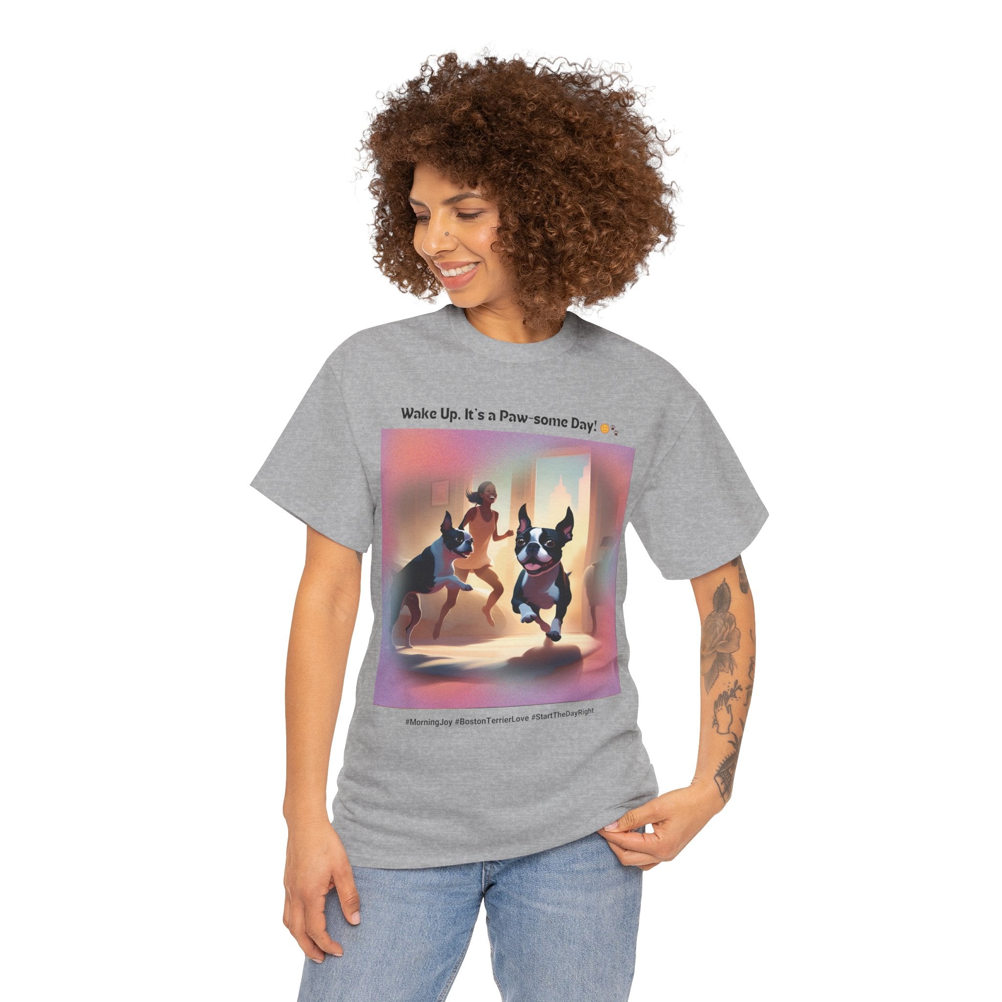 Women’s “Start the Day Right” Boston Terrier T‑Shirt – Positive Pup Mom Gift