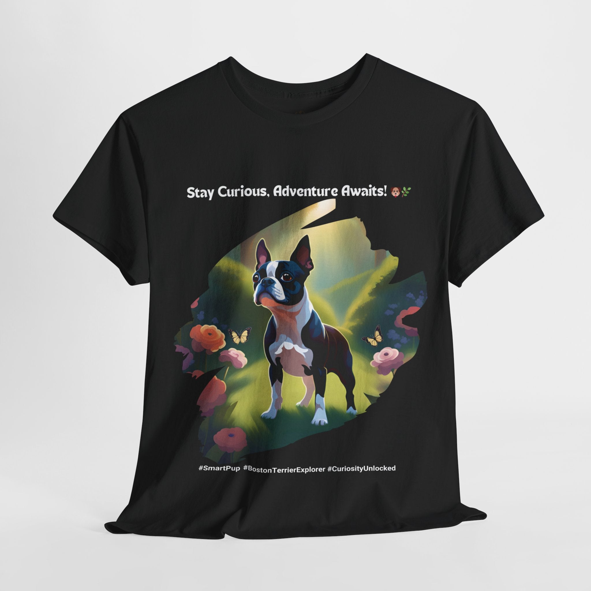 Unisex “Adventure Awaits” Boston Terrier T‑Shirt – Explorer Pup Gift