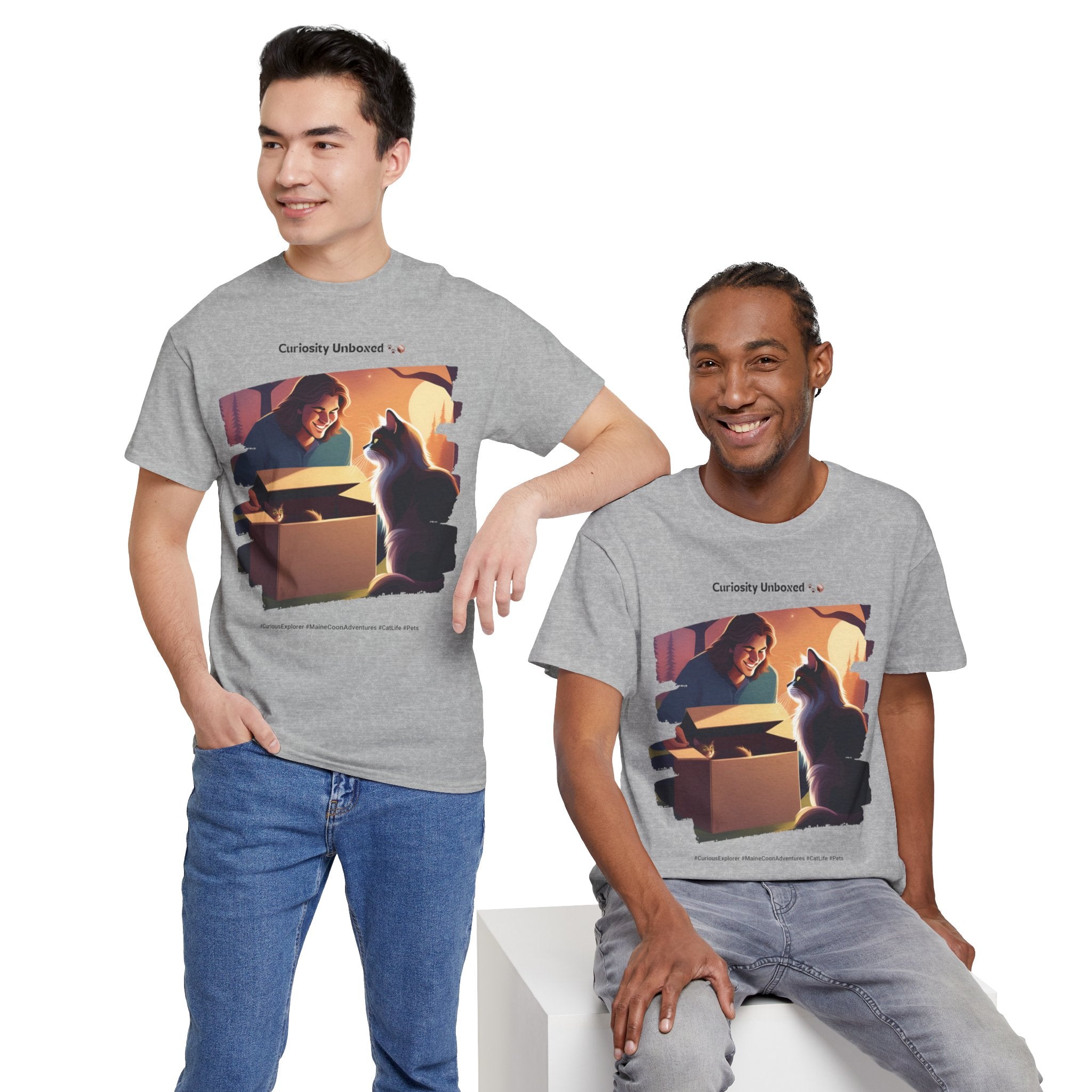 Men’s “Curiosity Unboxed” Maine Coon T‑Shirt – Adventurous Cat Dad Gift