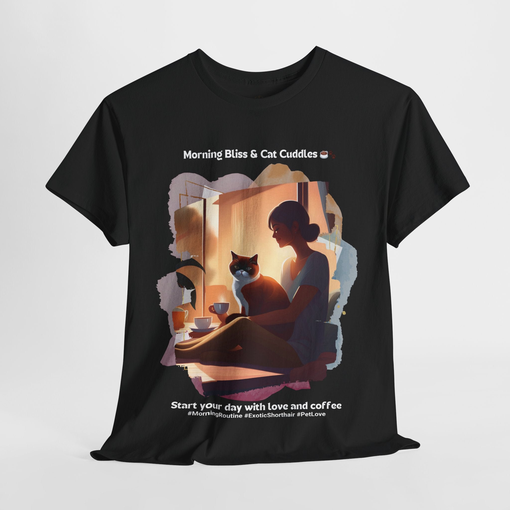 Women’s “Morning Bliss & Cat Cuddles” Exotic Shorthair T‑Shirt – Cuddle Cat Mom Gift