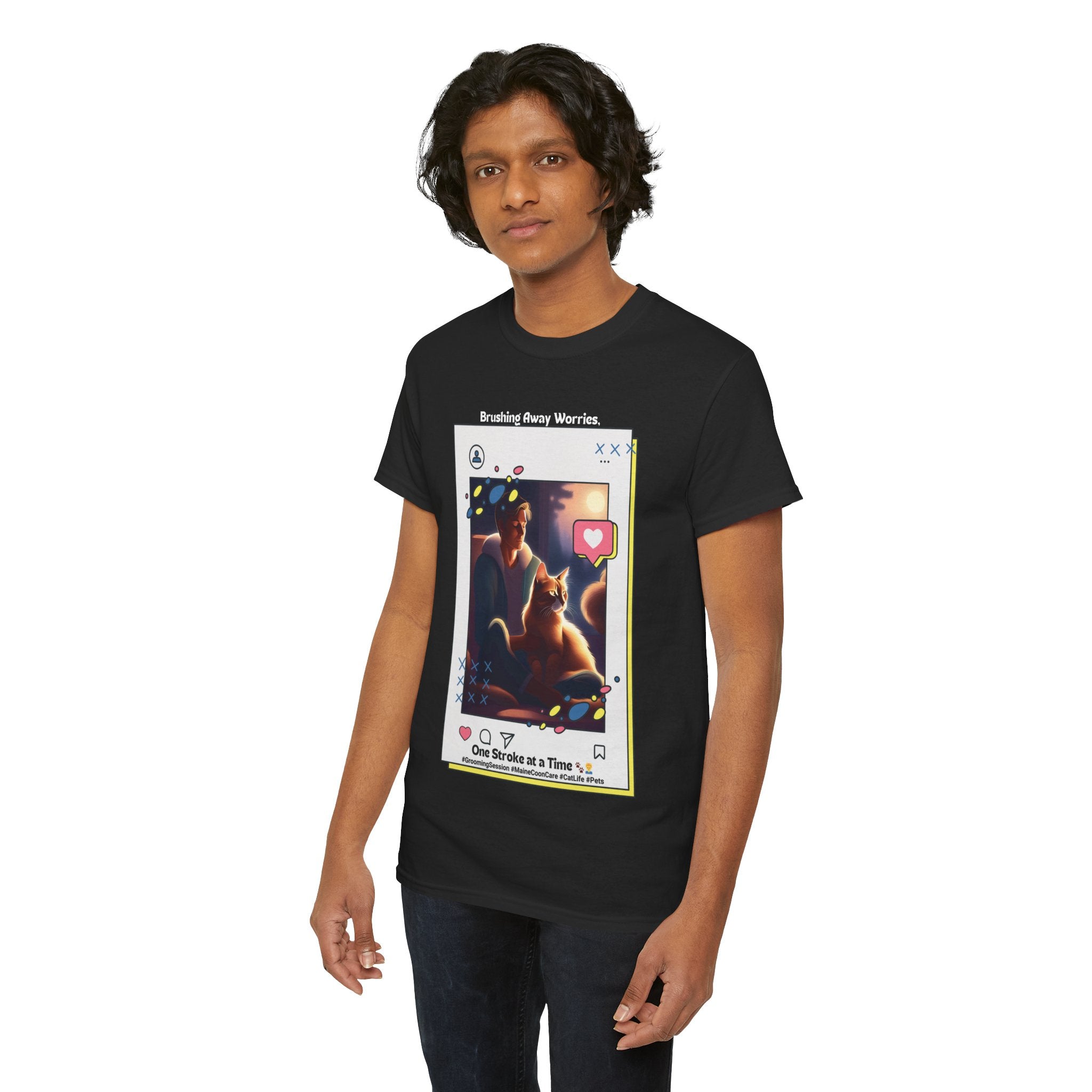 Men’s “Brushing Away Worries” Maine Coon T‑Shirt – Relaxation Cat Dad Gift