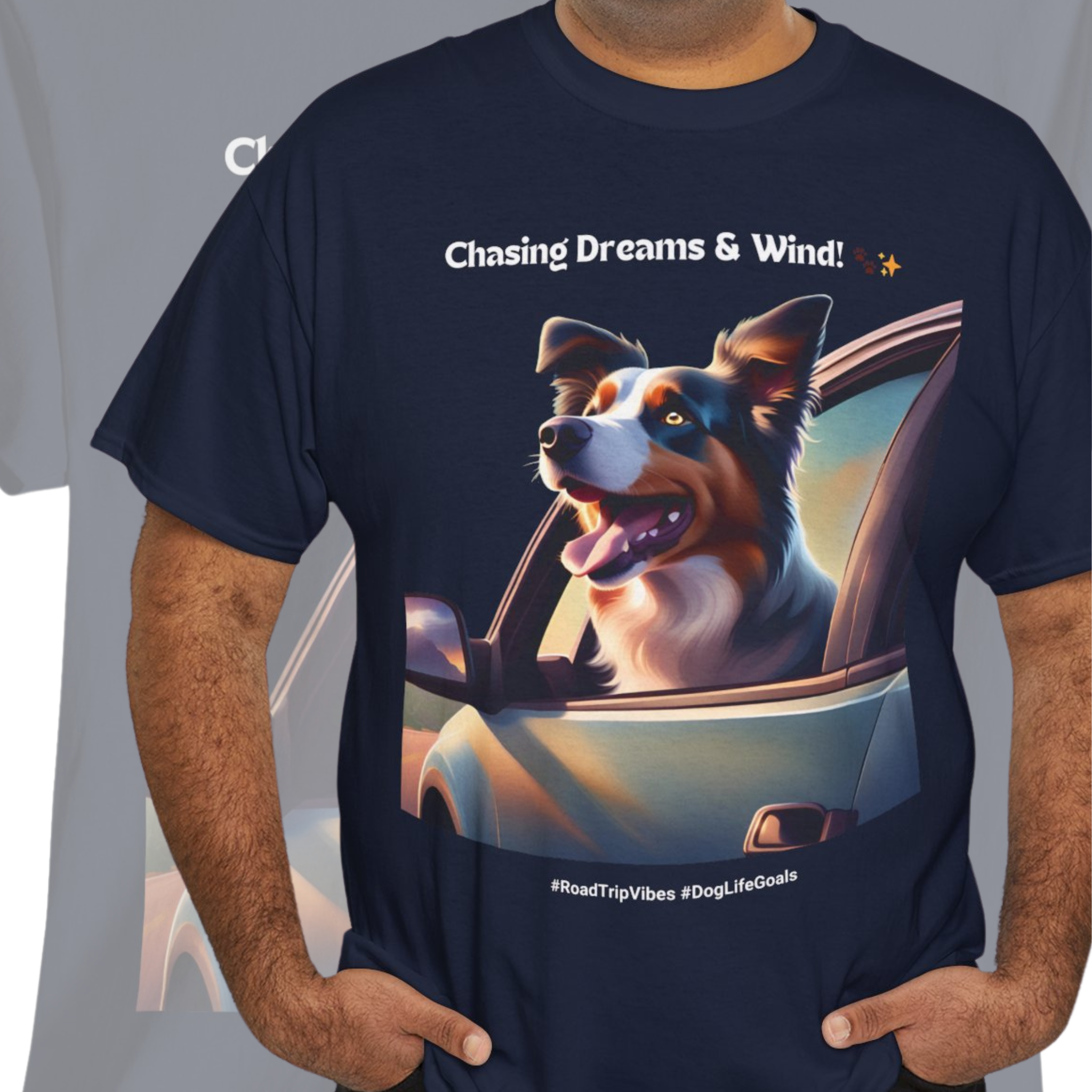 Unisex “Chasing Dreams & Wind” Australian Shepherd T‑Shirt – Adventure Road Tee, Wanderlust Pup Gift