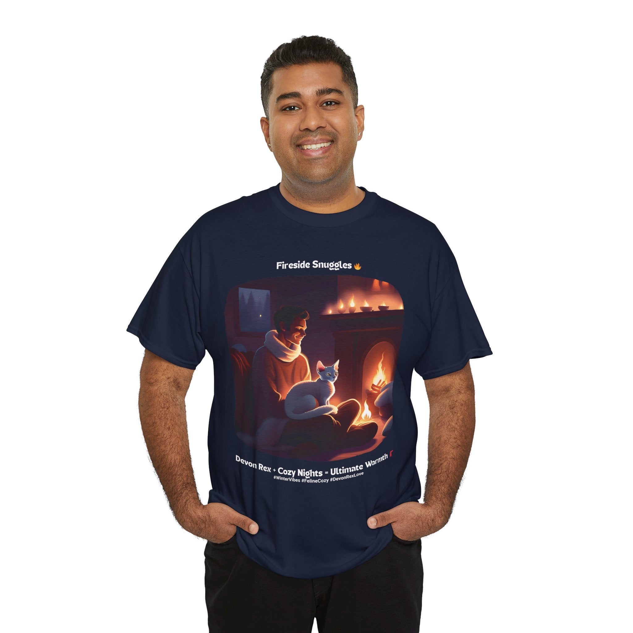 Men’s “Fireside Snuggles with Devon Rex” T‑Shirt – Cozy Cat Dad Gift